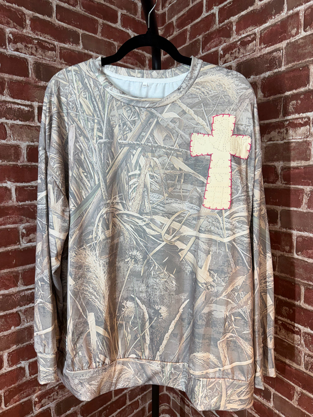 Camo Long Sleeve Shirt with Quilted Cross/Pink Embroidery- 2XLarge