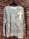 Camo Long Sleeve Shirt with Quilted Cross/Pink Embroidery- 2XLarge