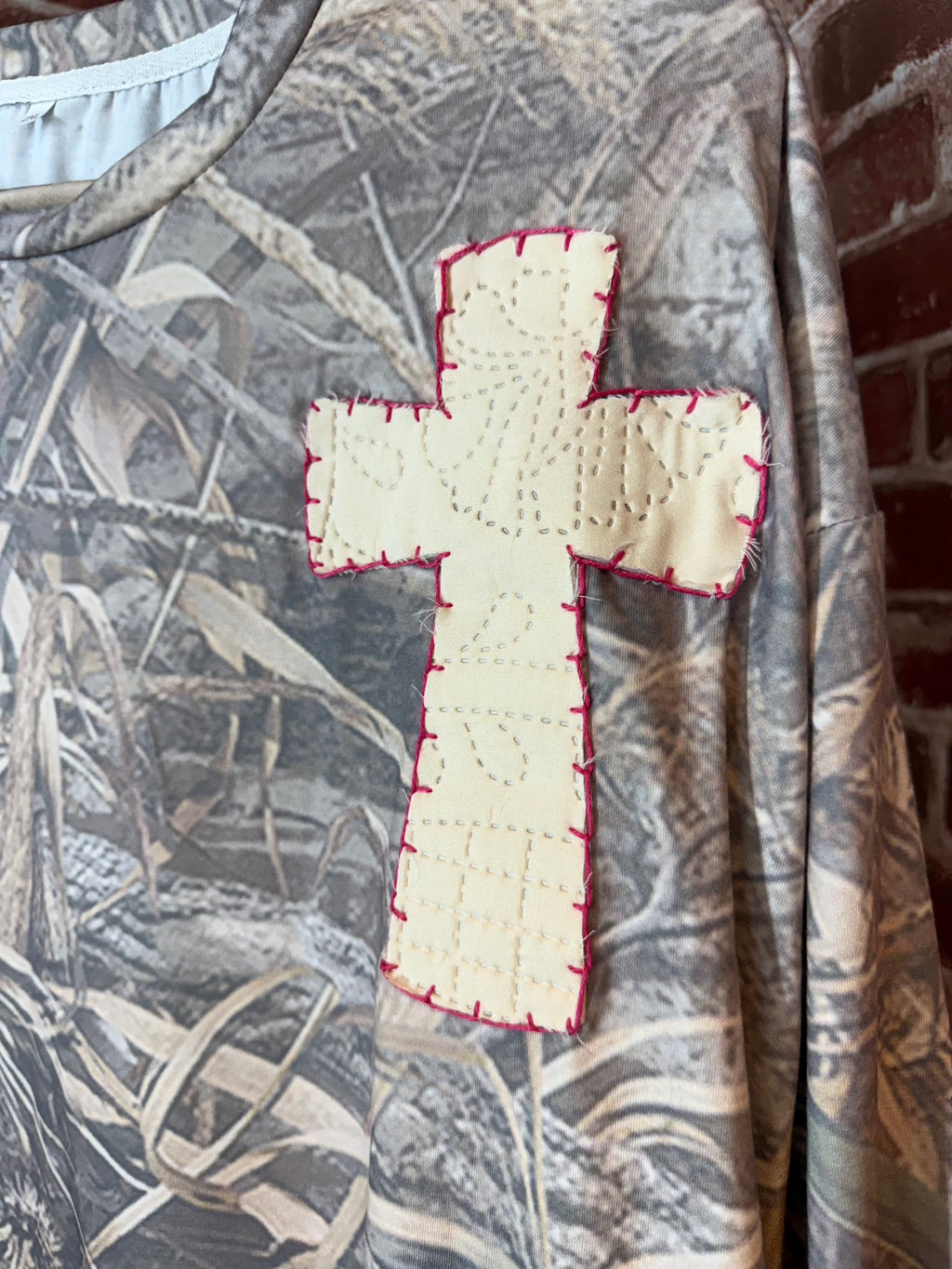 Camo Long Sleeve Shirt with Quilted Cross/Pink Embroidery- 2XLarge
