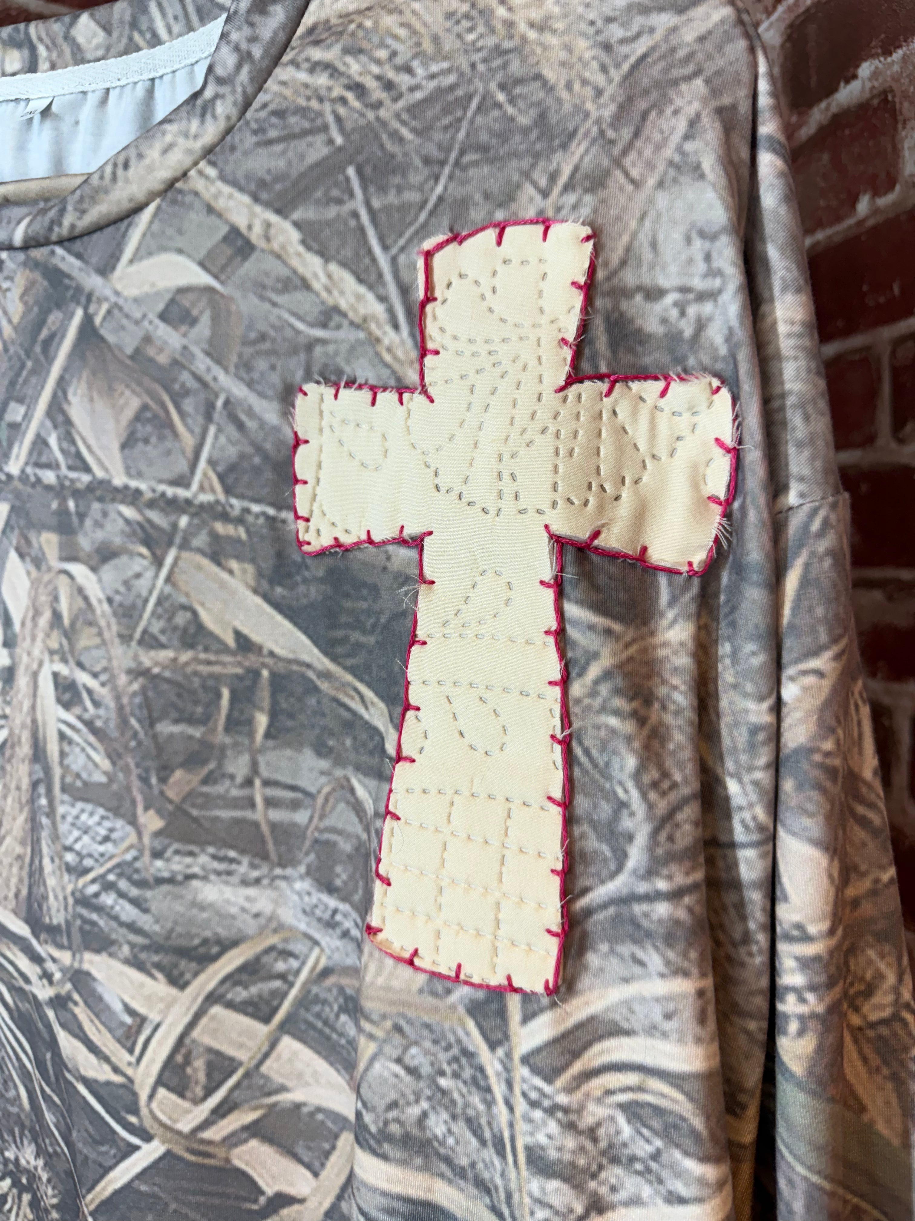 Camo Long Sleeve Shirt with Quilted Cross/Pink Embroidery- 2XLarge