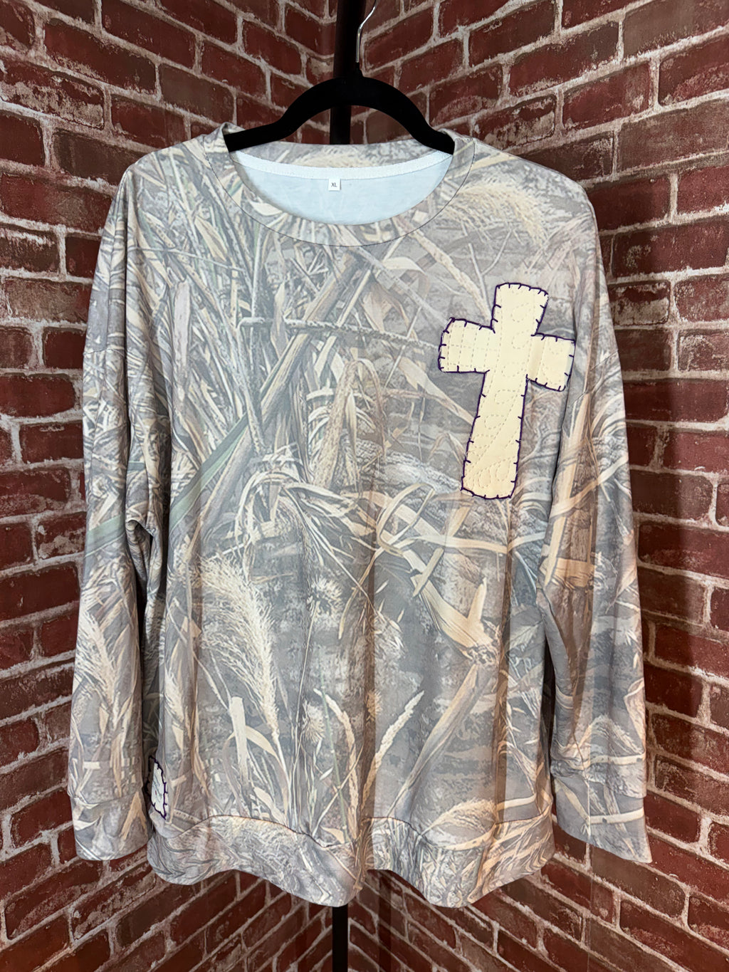 Camo Long Sleeve Shirt with Quilted Cross/Purple Embroidery- XLarge