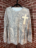 Camo Long Sleeve Shirt with Quilted Cross/Purple Embroidery- XLarge
