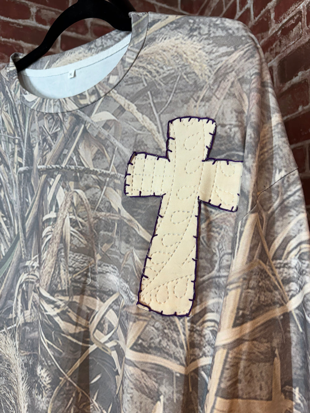Camo Long Sleeve Shirt with Quilted Cross/Purple Embroidery- XLarge