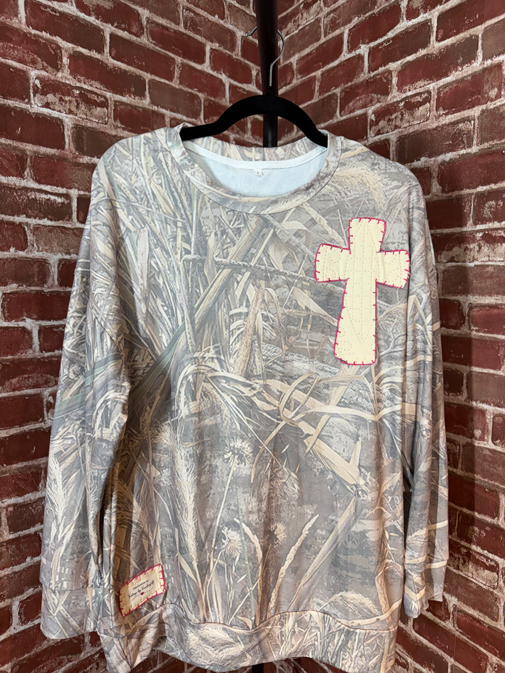Camo Long Sleeve Shirt with Quilted Cross/Pink Embroidery- Large