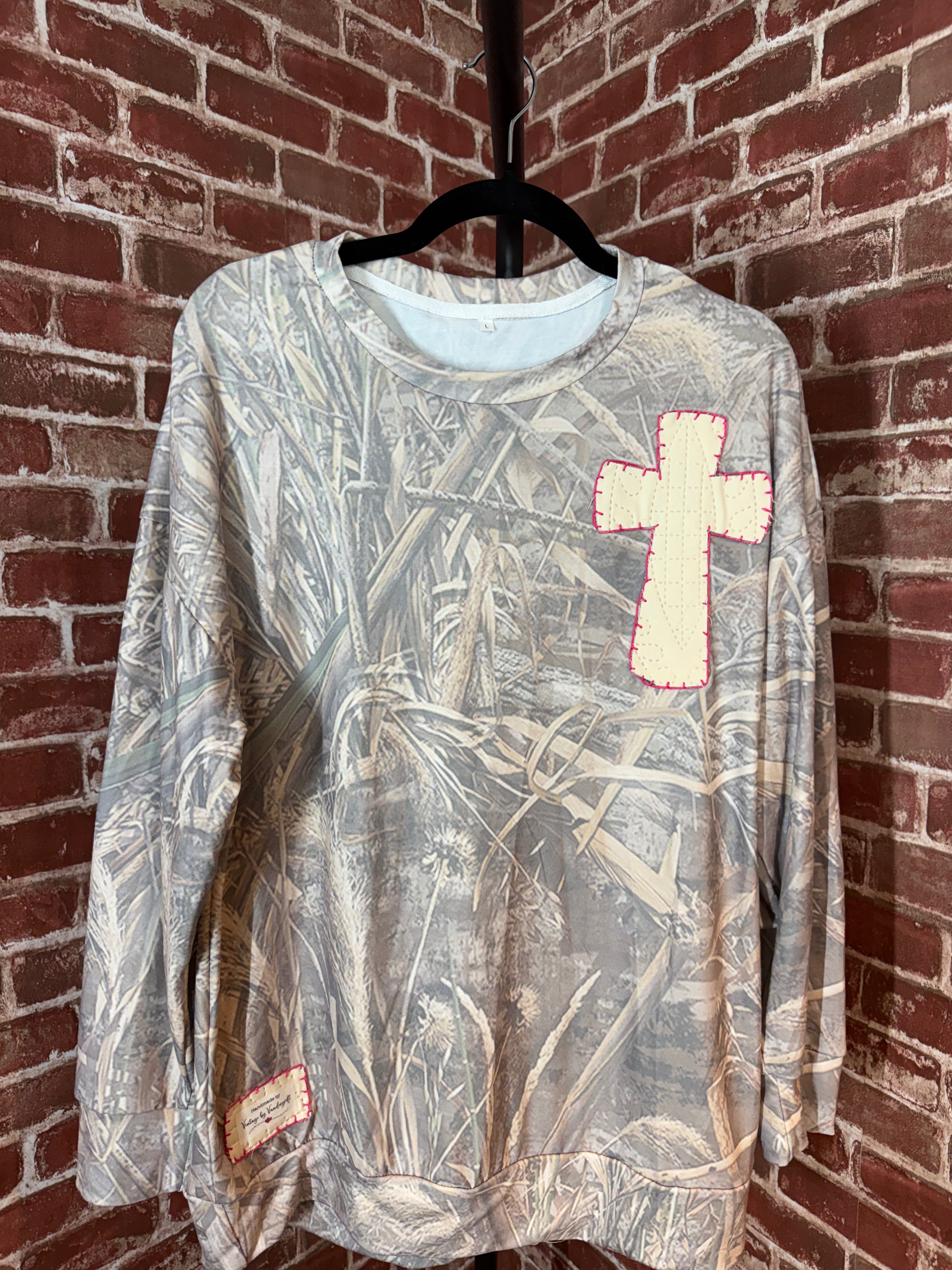 Camo Long Sleeve Shirt with Quilted Cross/Pink Embroidery- Large