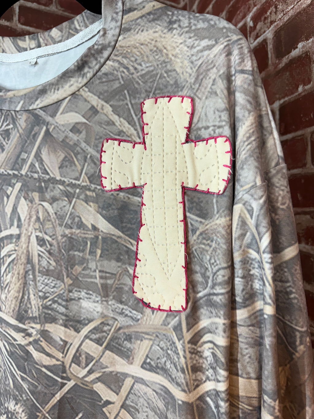 Camo Long Sleeve Shirt with Quilted Cross/Pink Embroidery- Large