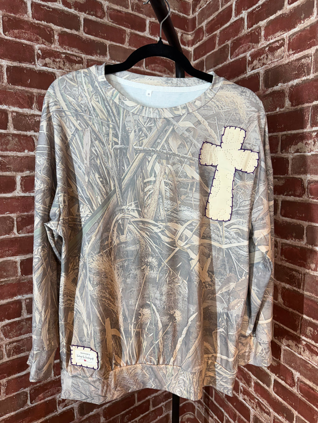 Camo Long Sleeve Shirt with Quilted Cross/Purple Embroidery- Medium