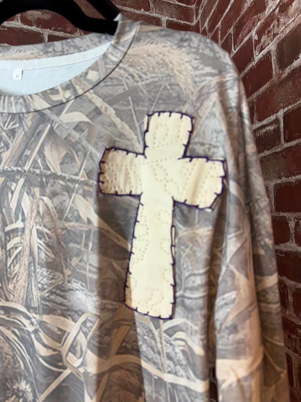 Camo Long Sleeve Shirt with Quilted Cross/Purple Embroidery- Medium