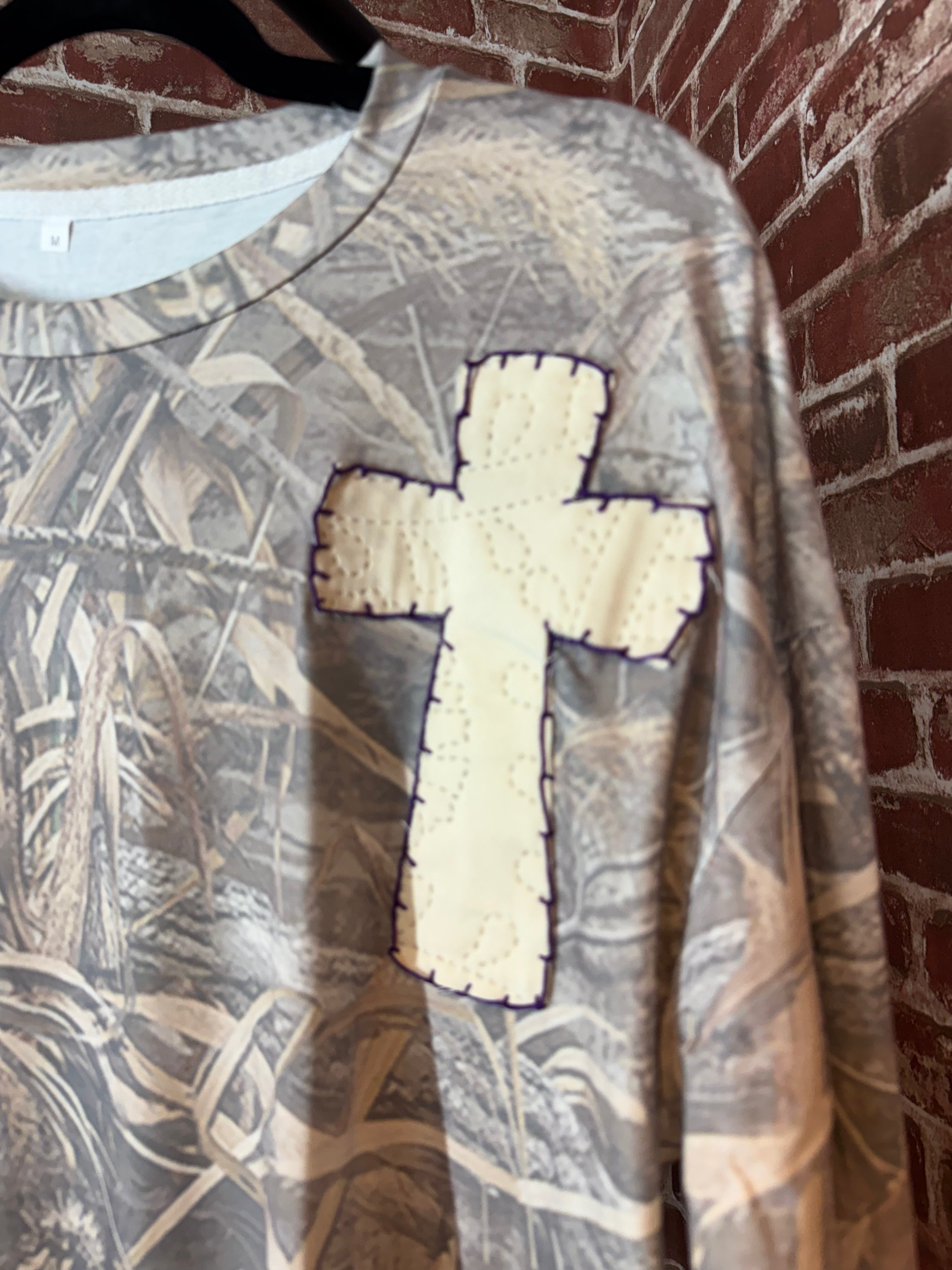 Camo Long Sleeve Shirt with Quilted Cross/Purple Embroidery- Medium
