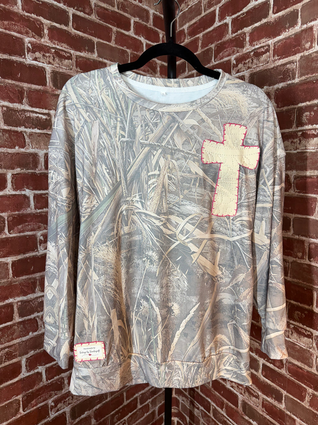 Camo Long Sleeve Shirt with Quilted Cross/Pink Embroidery- Small