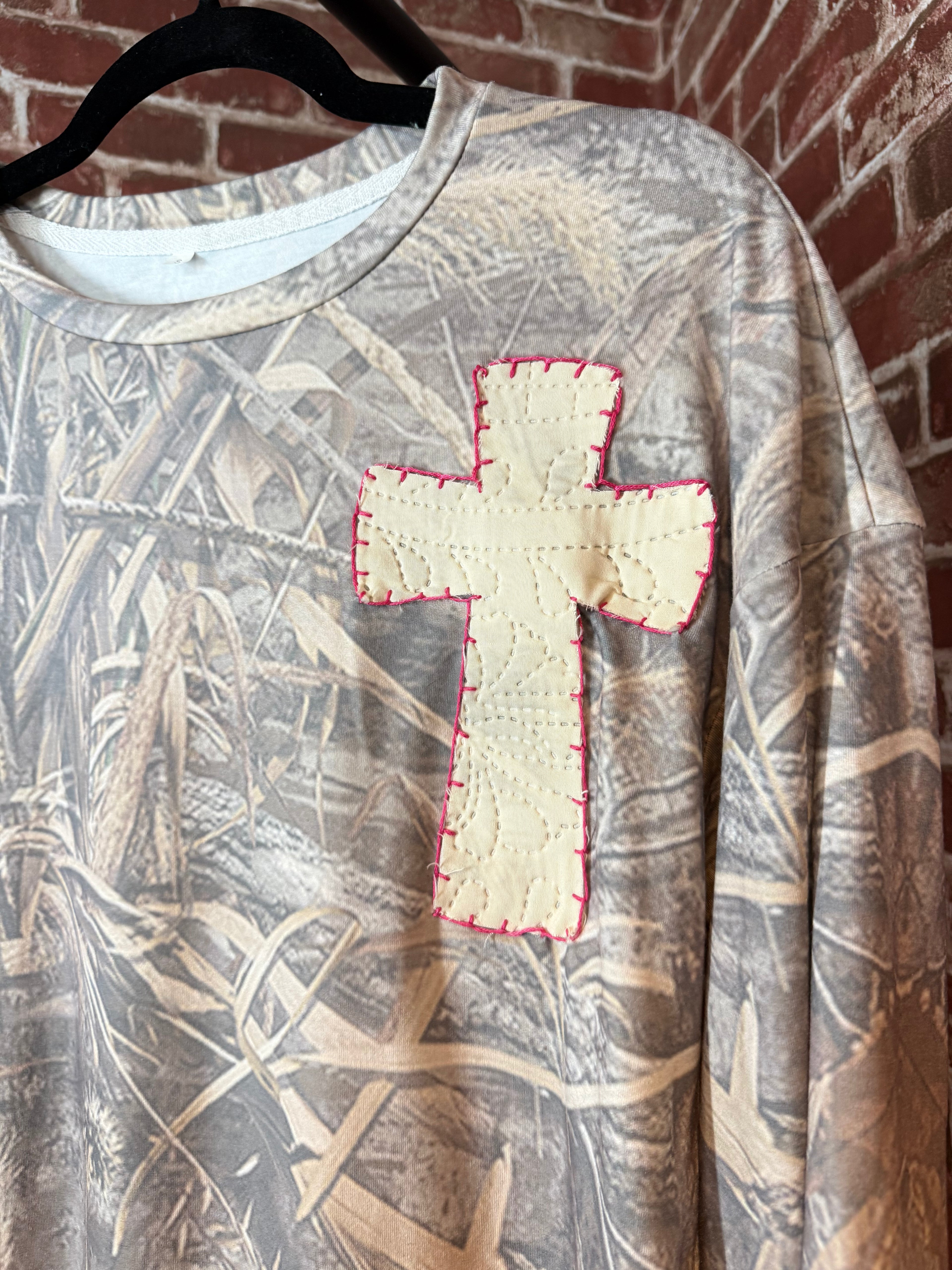 Camo Long Sleeve Shirt with Quilted Cross/Pink Embroidery- Small
