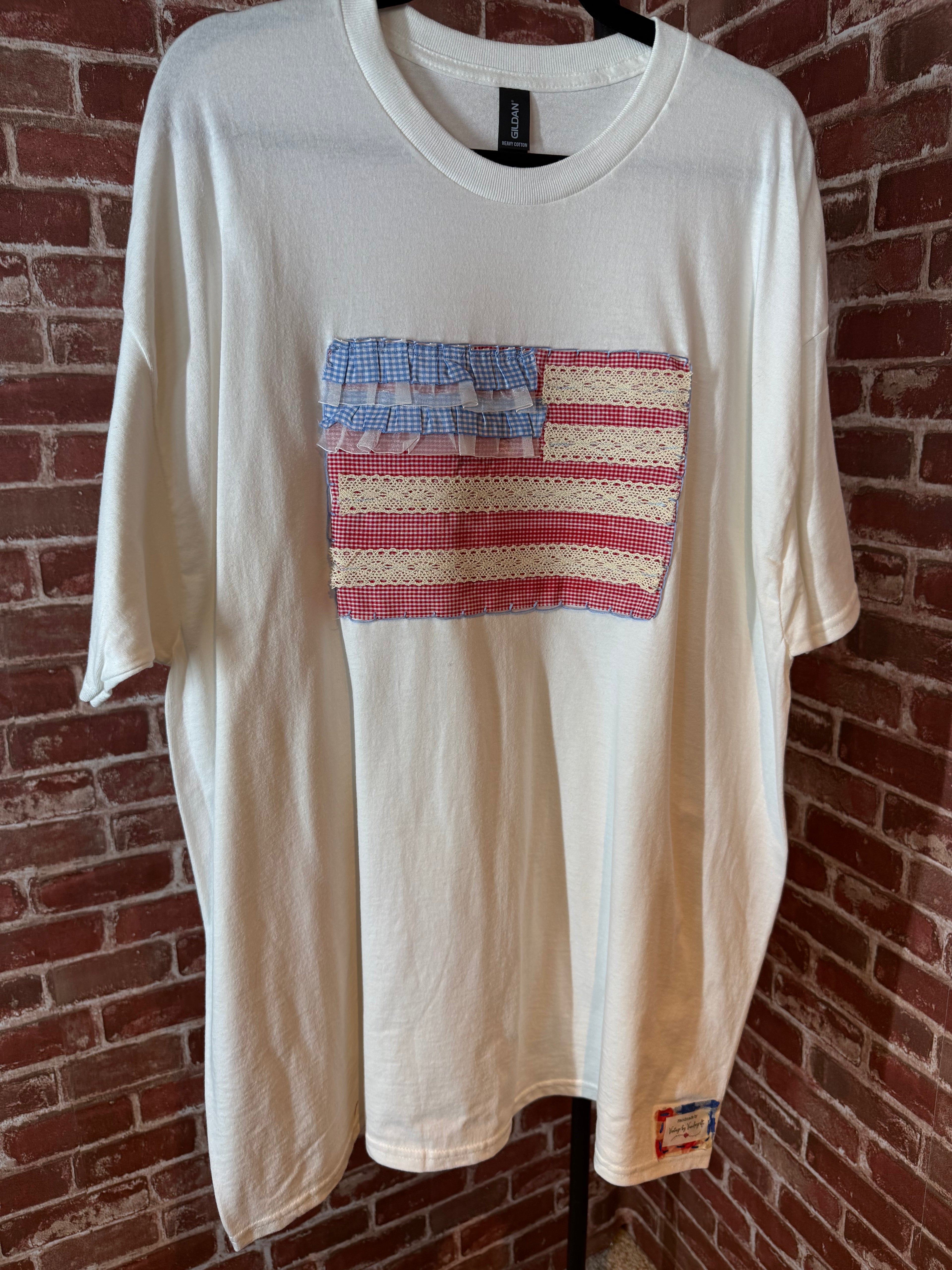 Americana Quilted Shirt with Flag, White -2XLarge