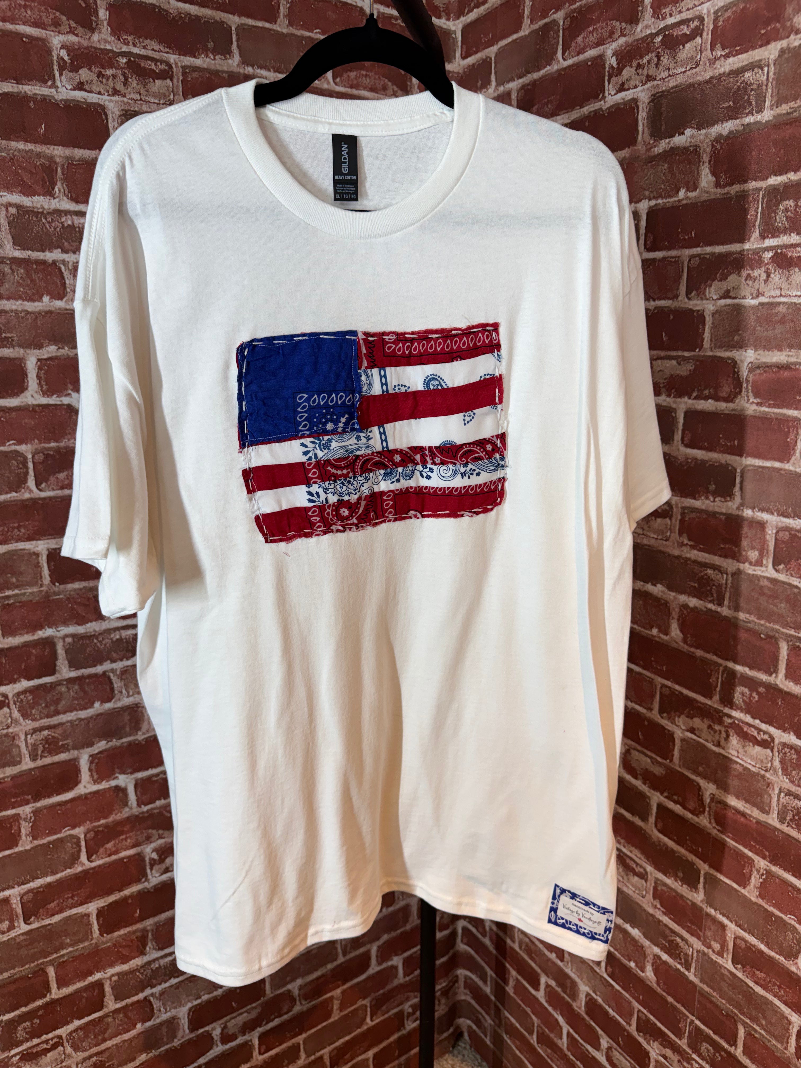Americana Quilted Shirt with Flag, White -XLarge