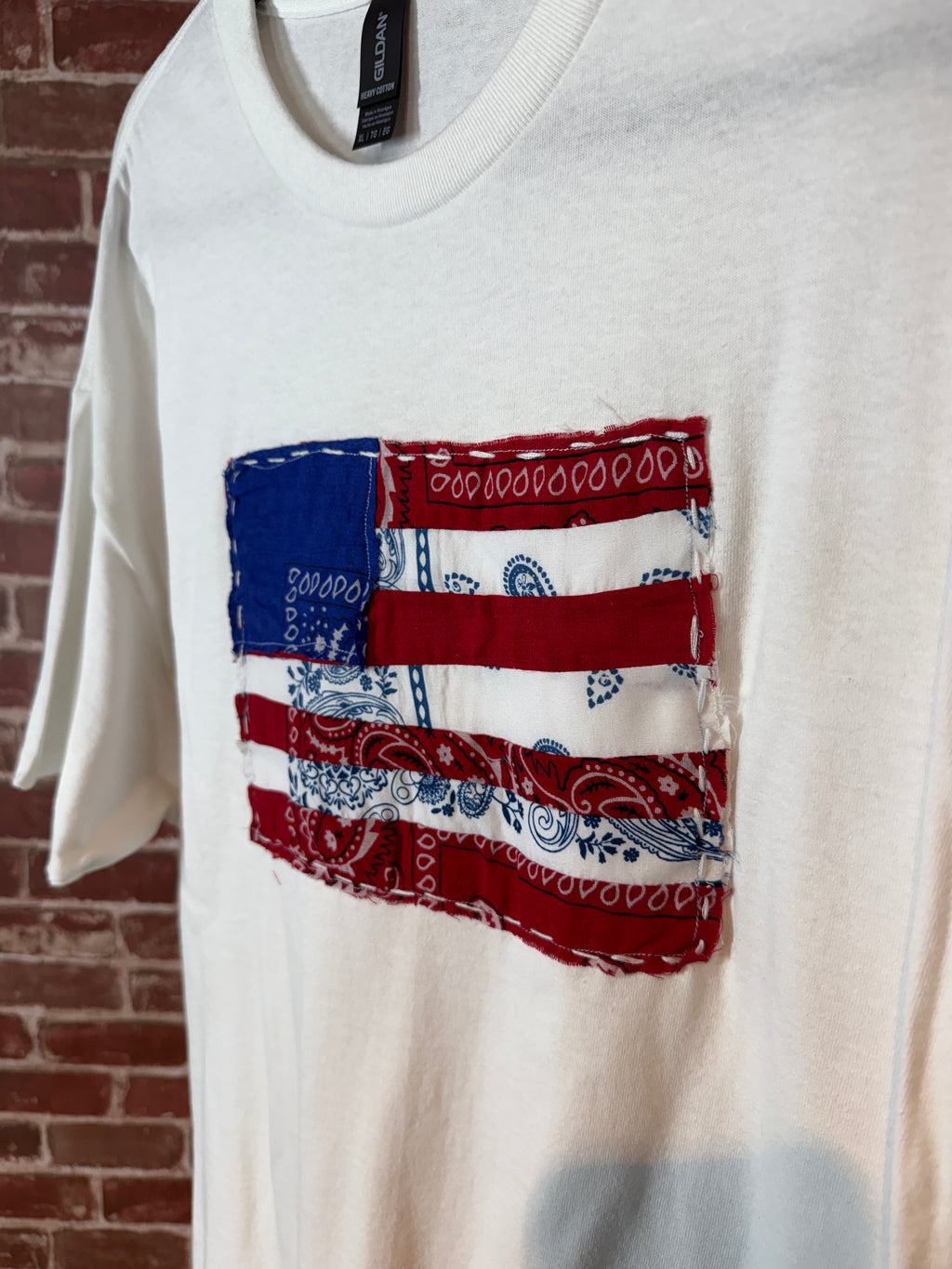 Americana Quilted Shirt with Flag, White -XLarge