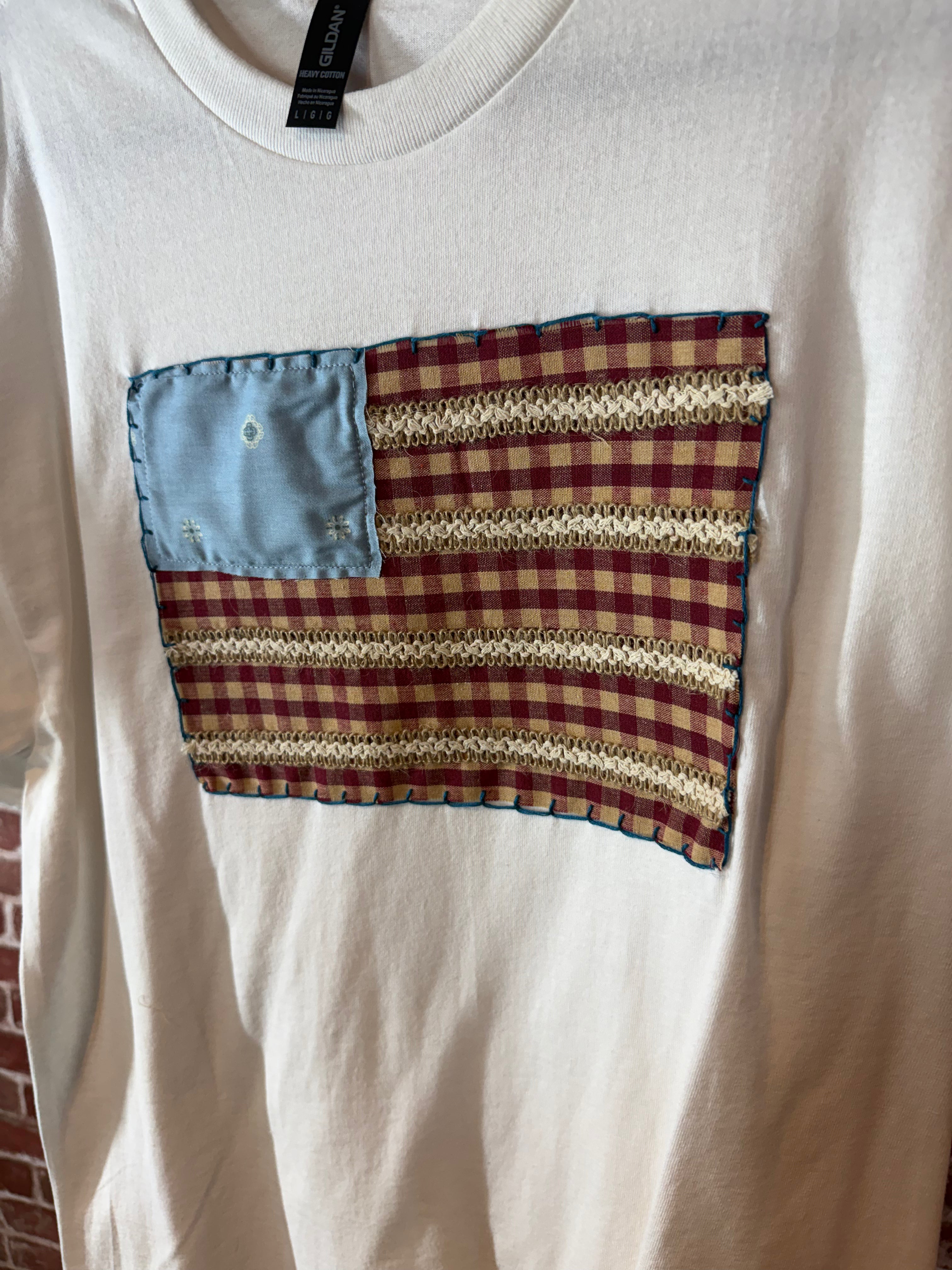 Americana Quilted Shirt with Flag, White -Large