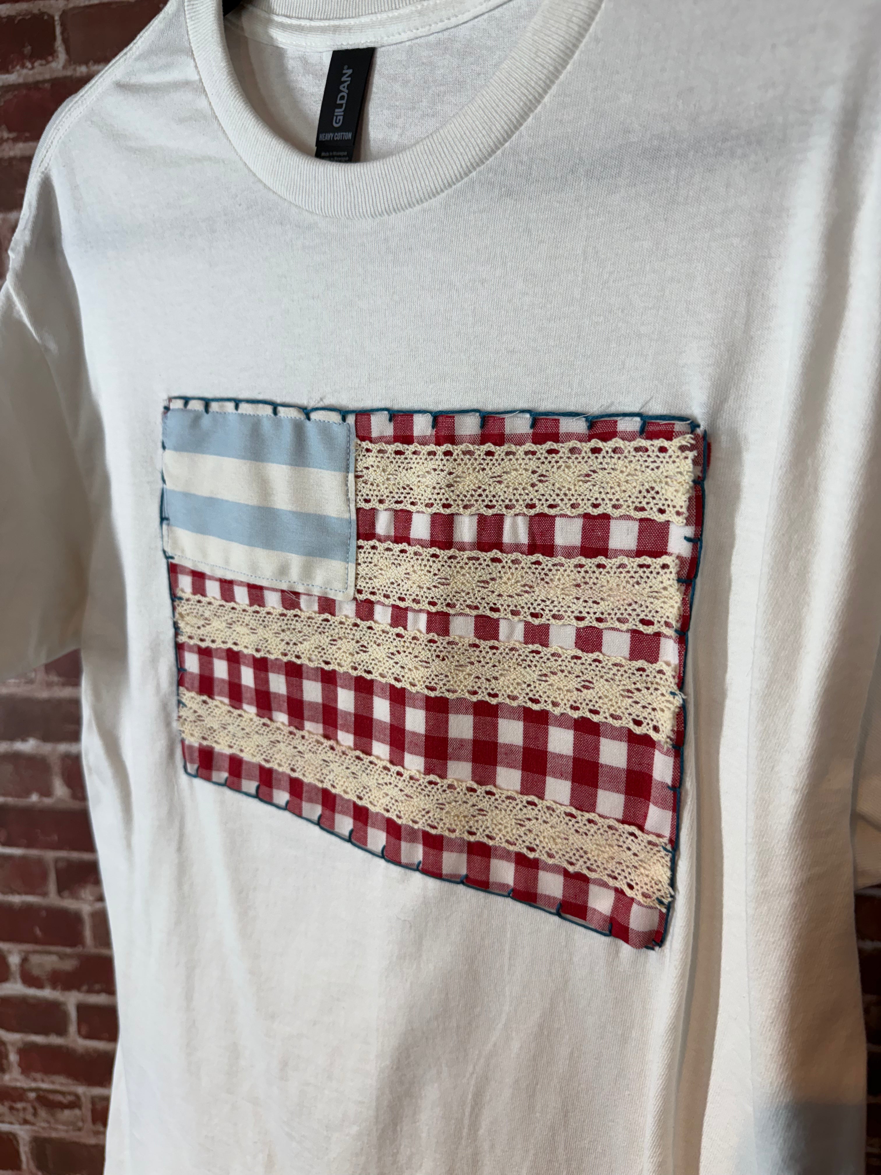 Americana Quilted Shirt with Flag, White -Medium