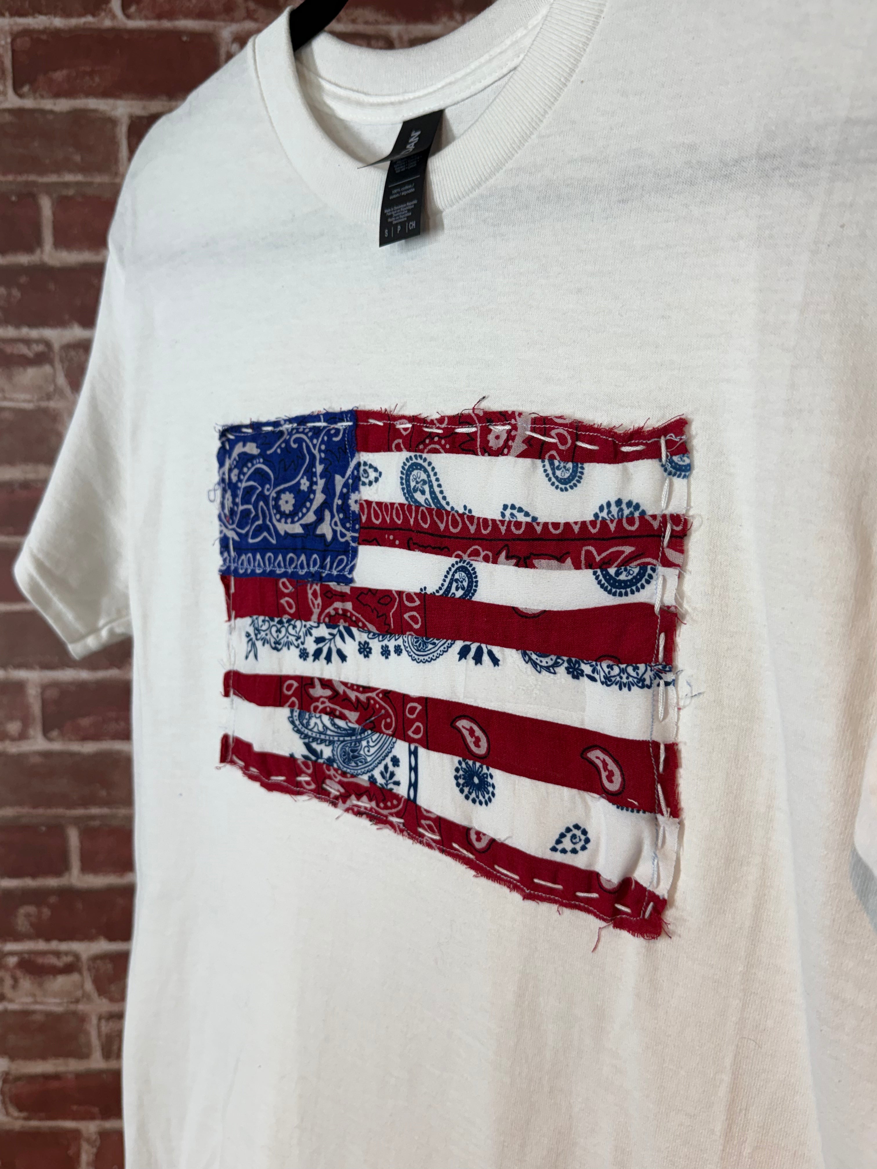 Americana Quilted Shirt with Flag, White -Small