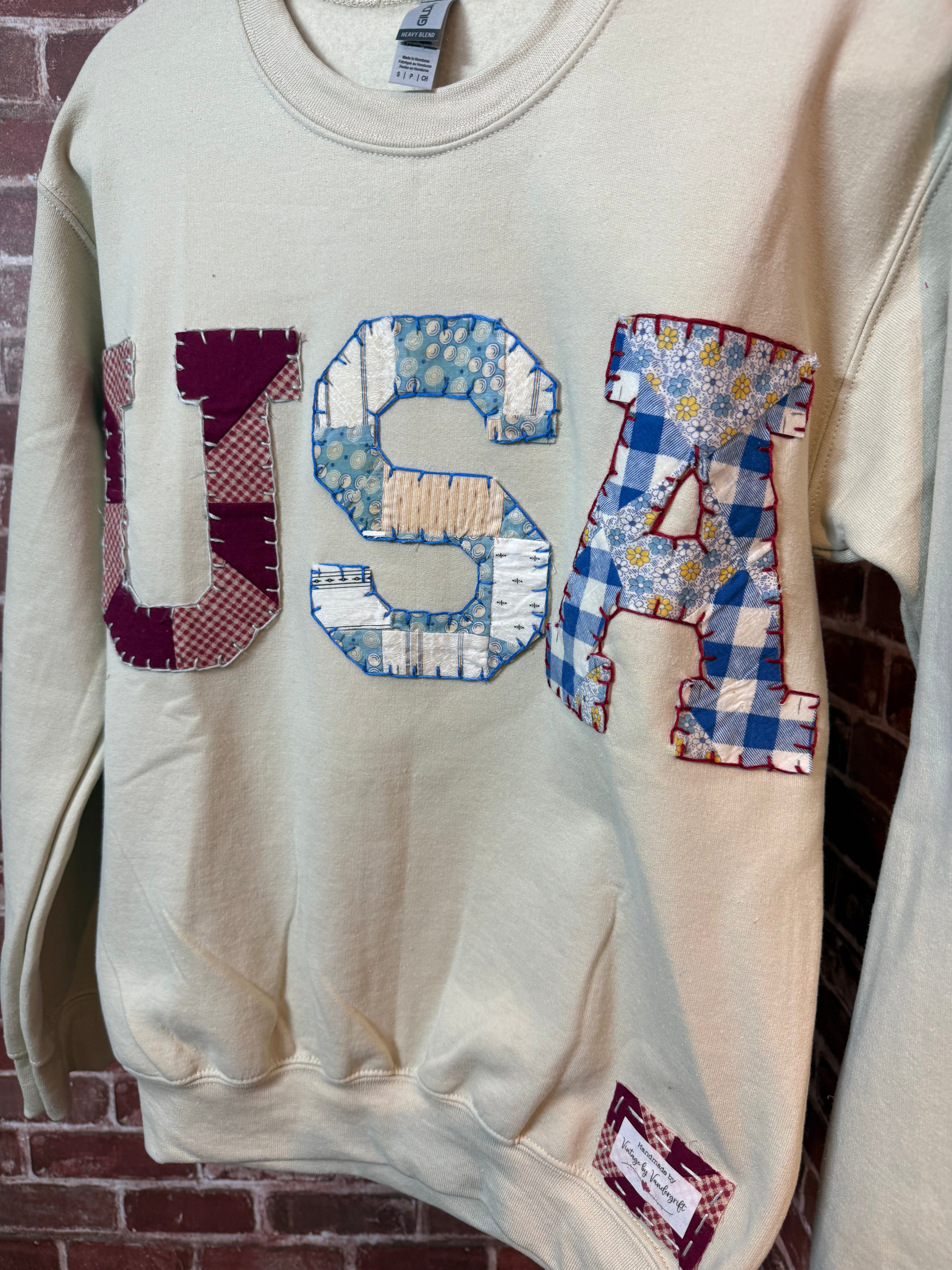 USA Quilted Sweatshirt, Tan -Small