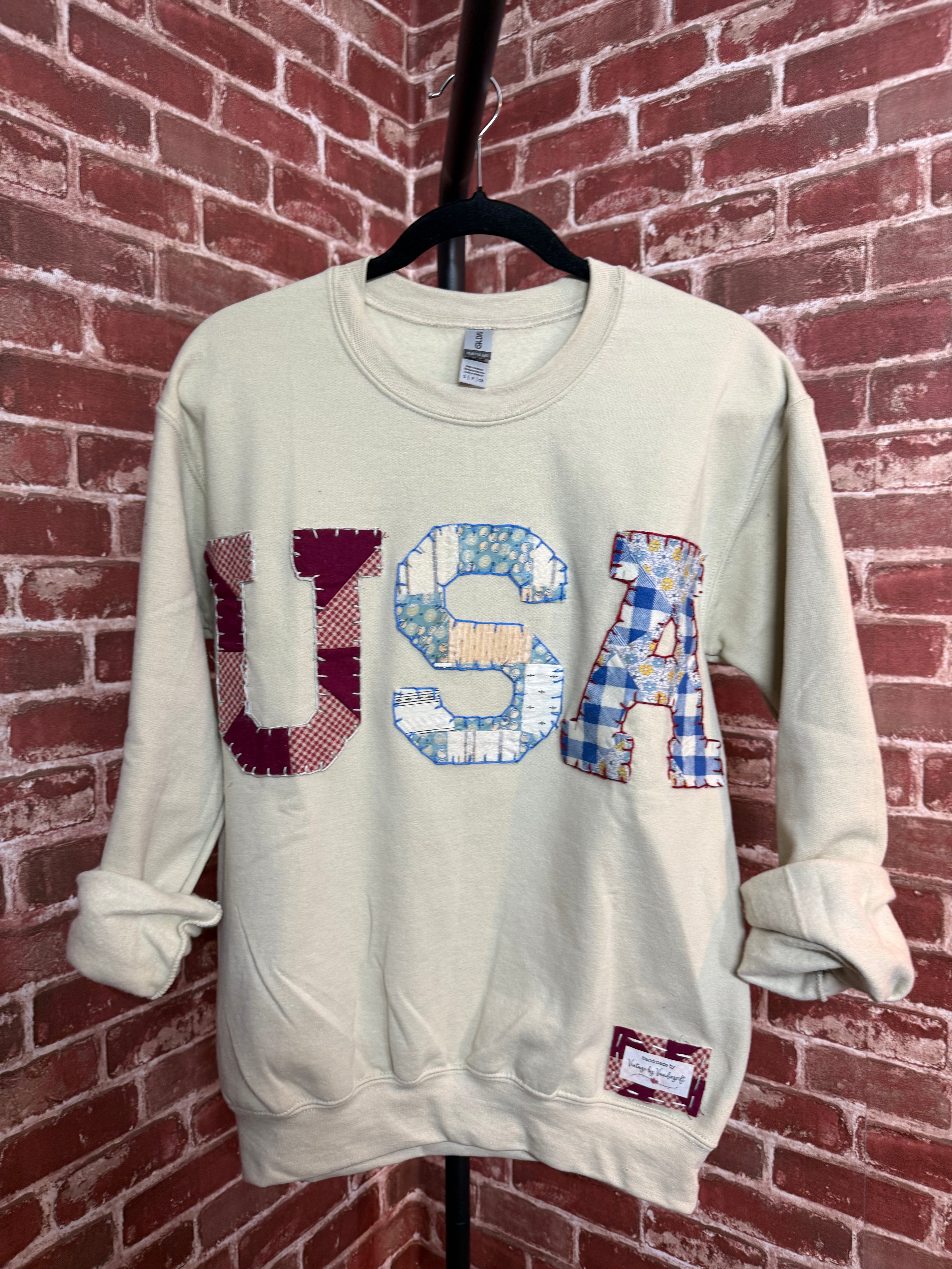USA Quilted Sweatshirt, Tan -Small