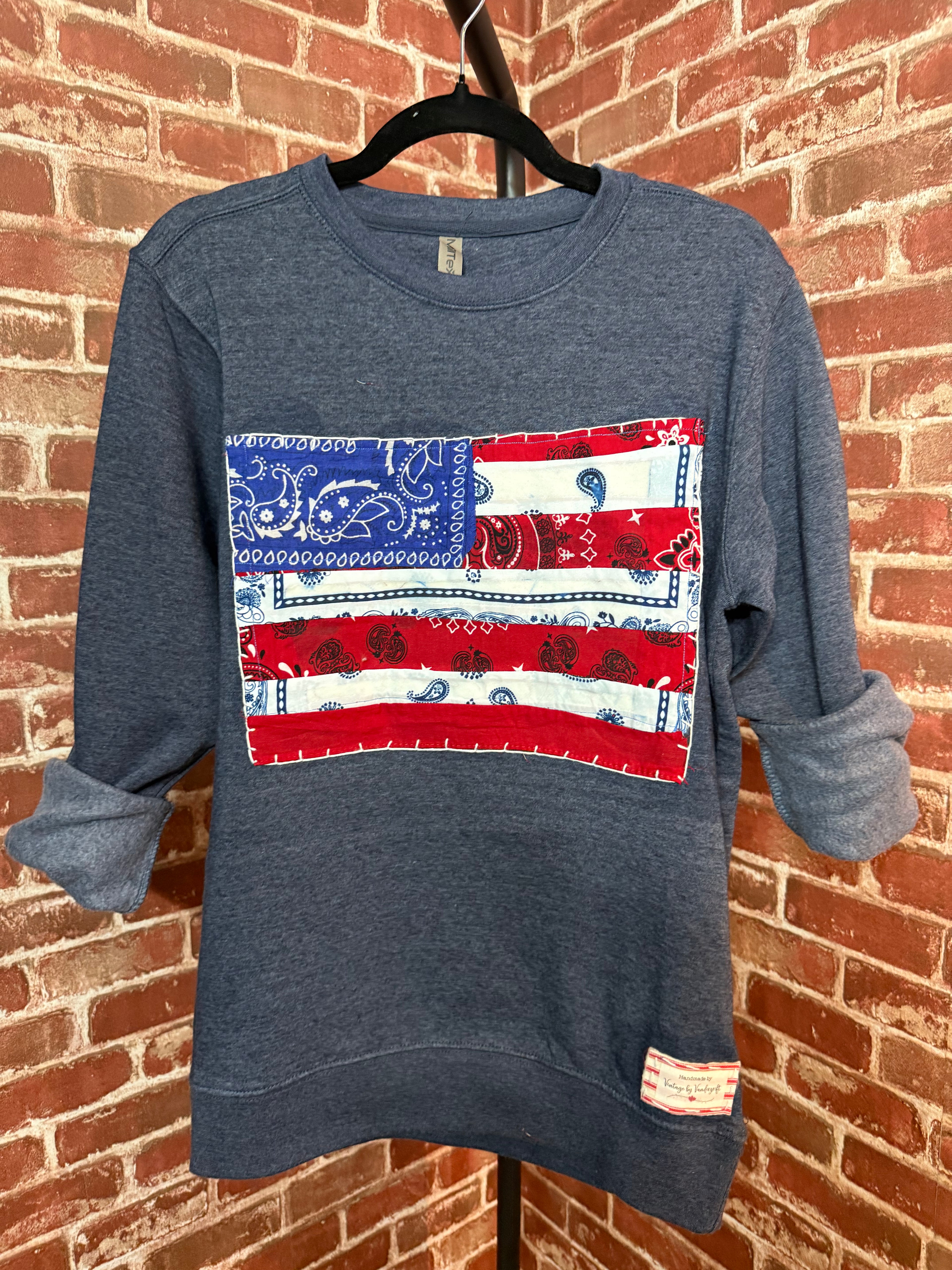 Flag Quilted Sweatshirt, Vintage Blue - Small