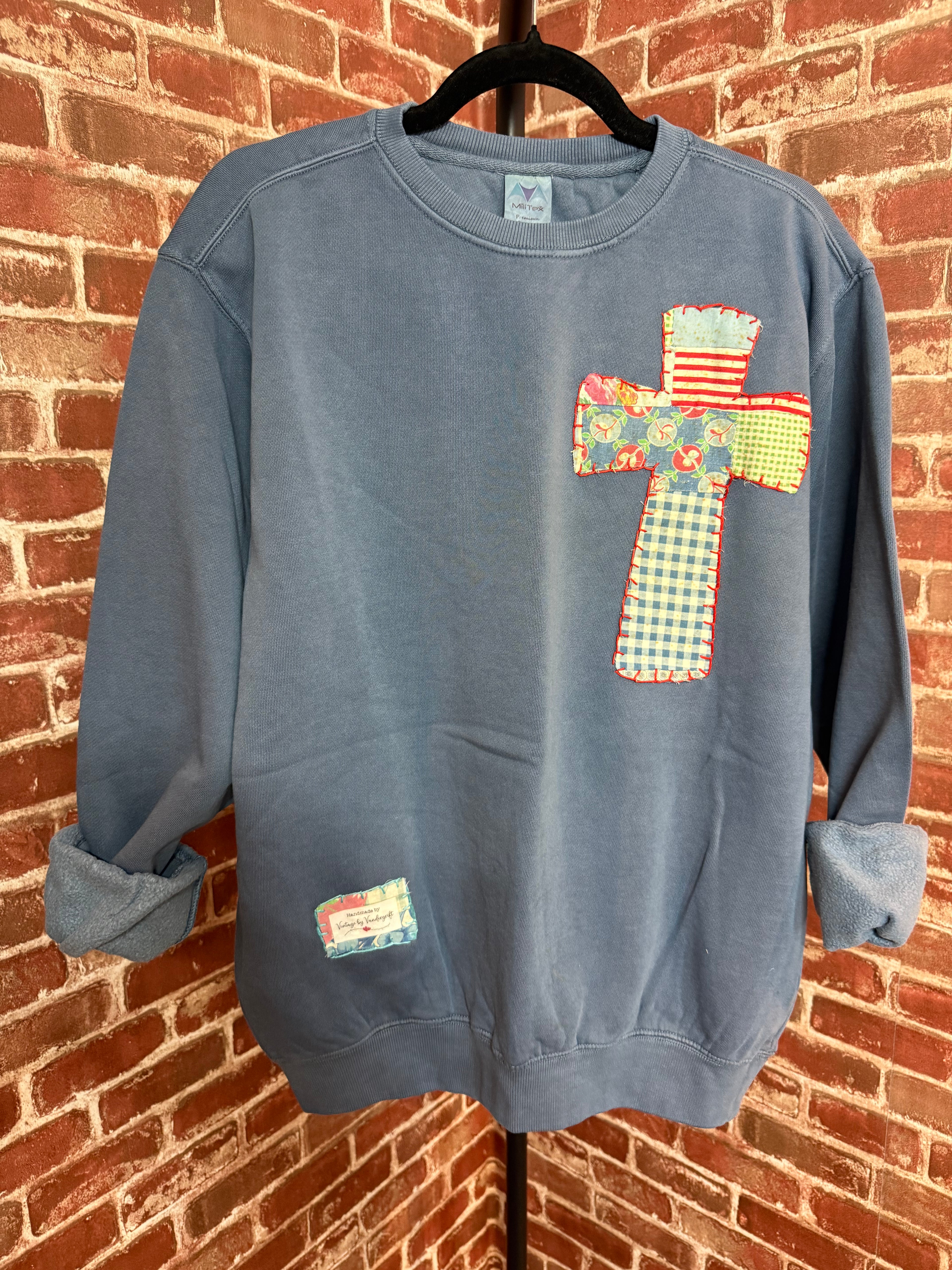 Vintage Blue Quilted Cross Sweatshirt - Medium