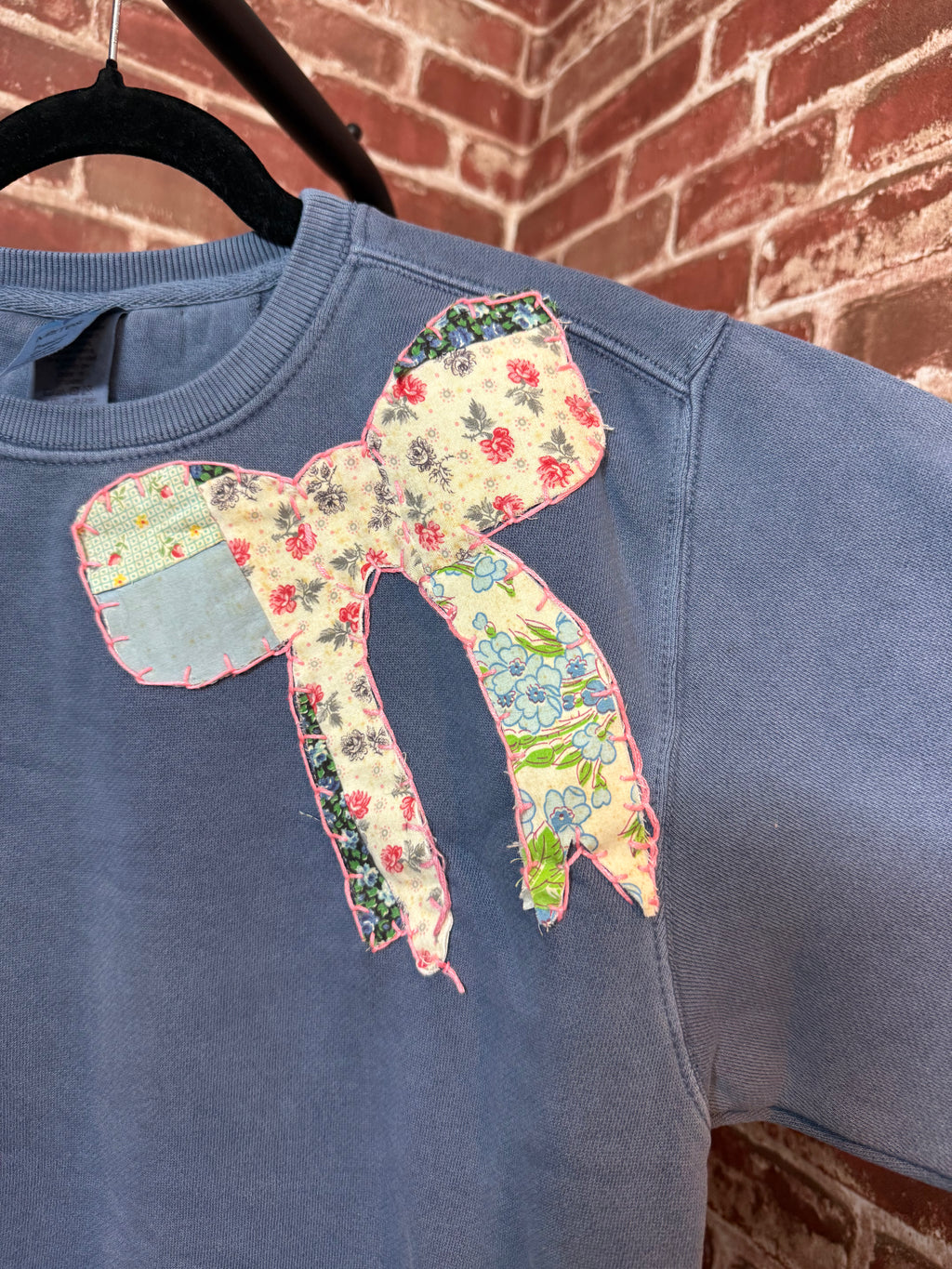 Vintage Blue Quilted Bow Sweatshirt -Small