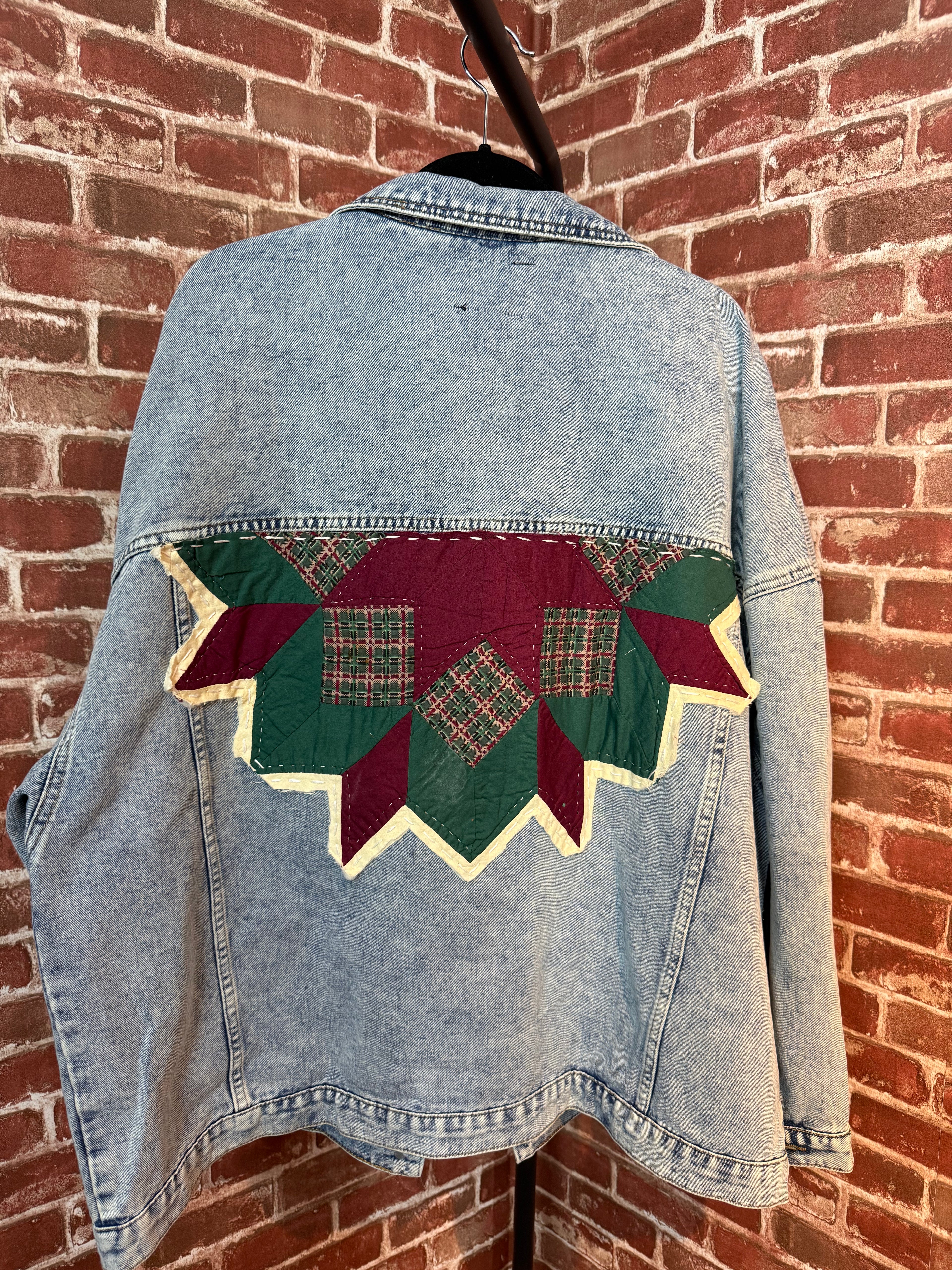 Maroon & Green Quilted Star, Jean Jacket - XXLarge