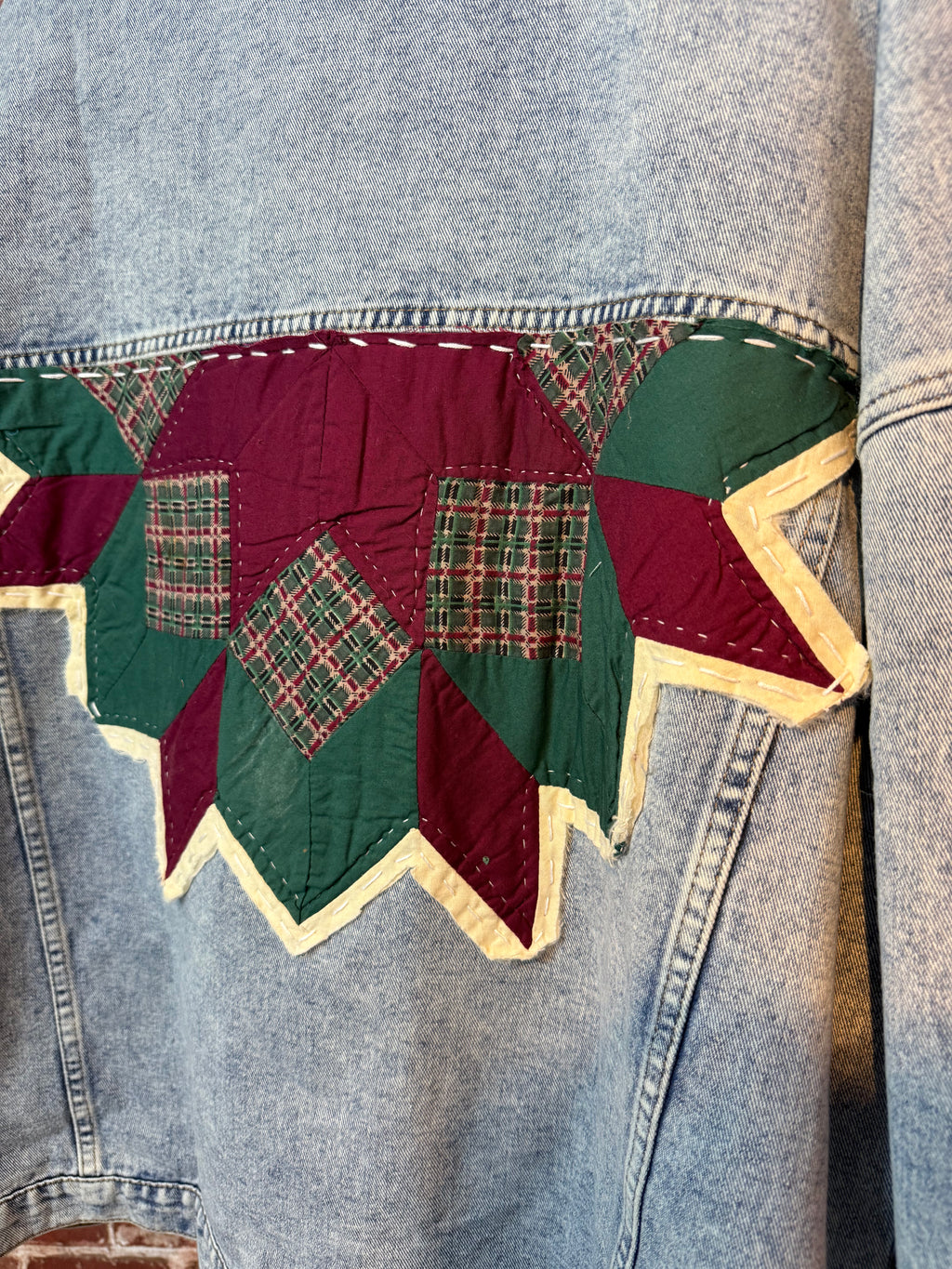 Maroon & Green Quilted Star, Jean Jacket - XXLarge