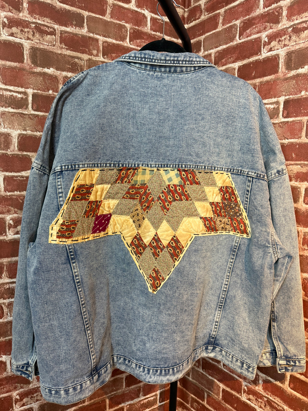 Maroon, Floral, & Cream Quilted Star, Jean Jacket - XLarge