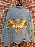Maroon, Floral, & Cream Quilted Star, Jean Jacket - XLarge