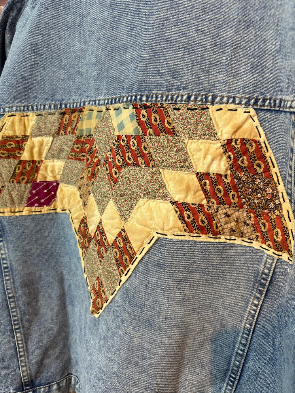 Maroon, Floral, & Cream Quilted Star, Jean Jacket - XLarge
