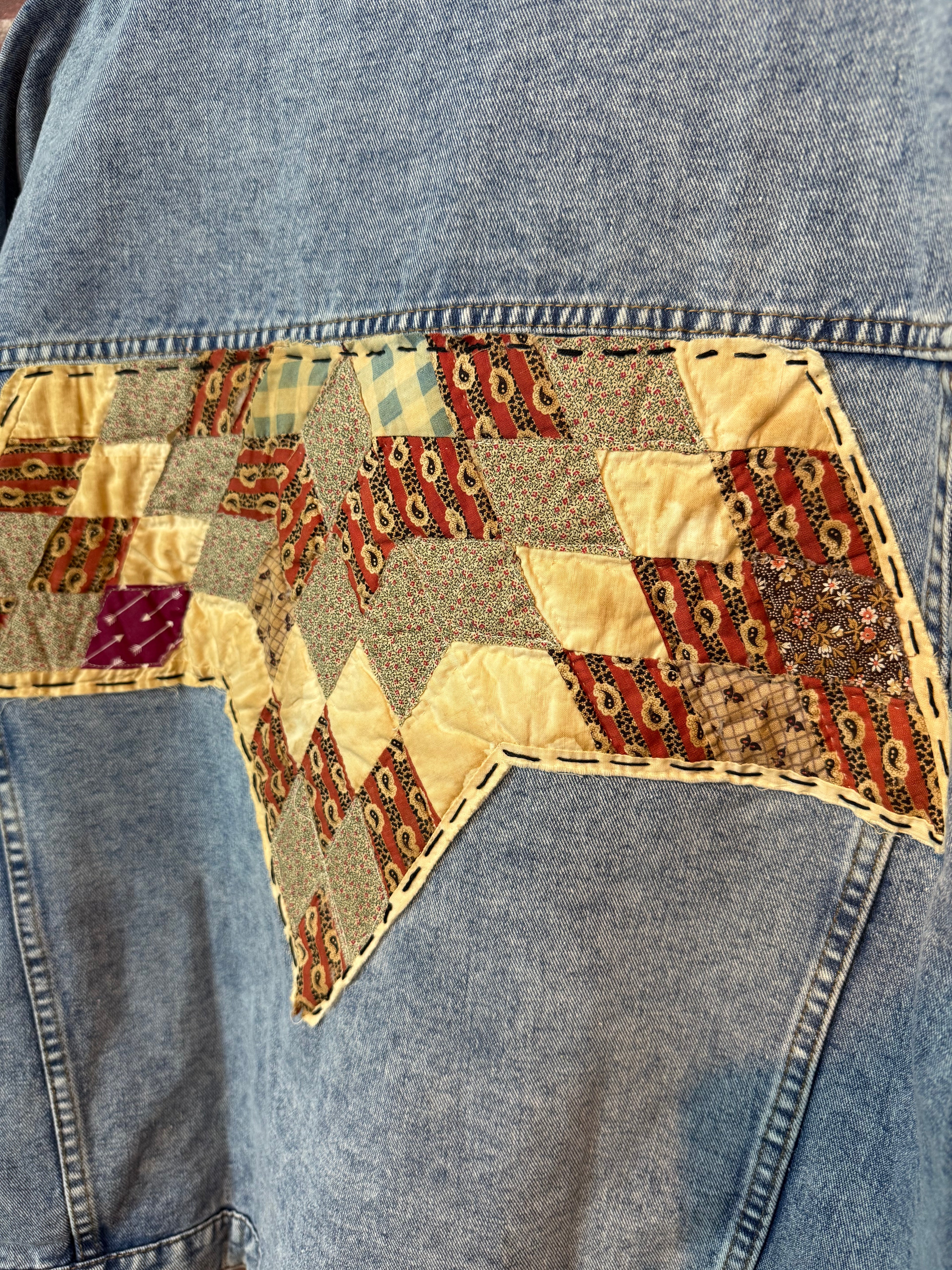 Maroon, Floral, & Cream Quilted Star, Jean Jacket - XLarge