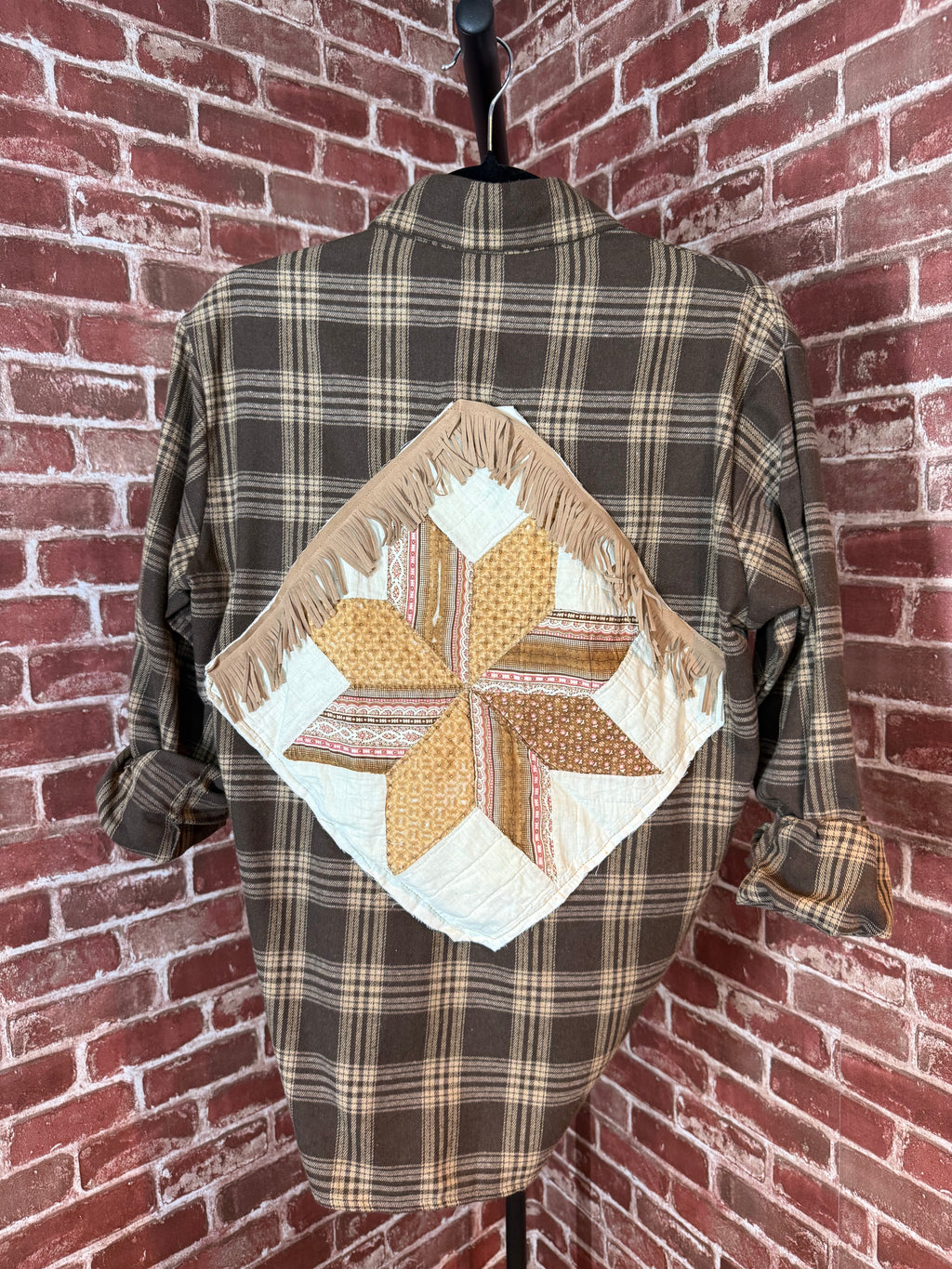 Brown Plaid Long Sleeve with Quilted Back-Small