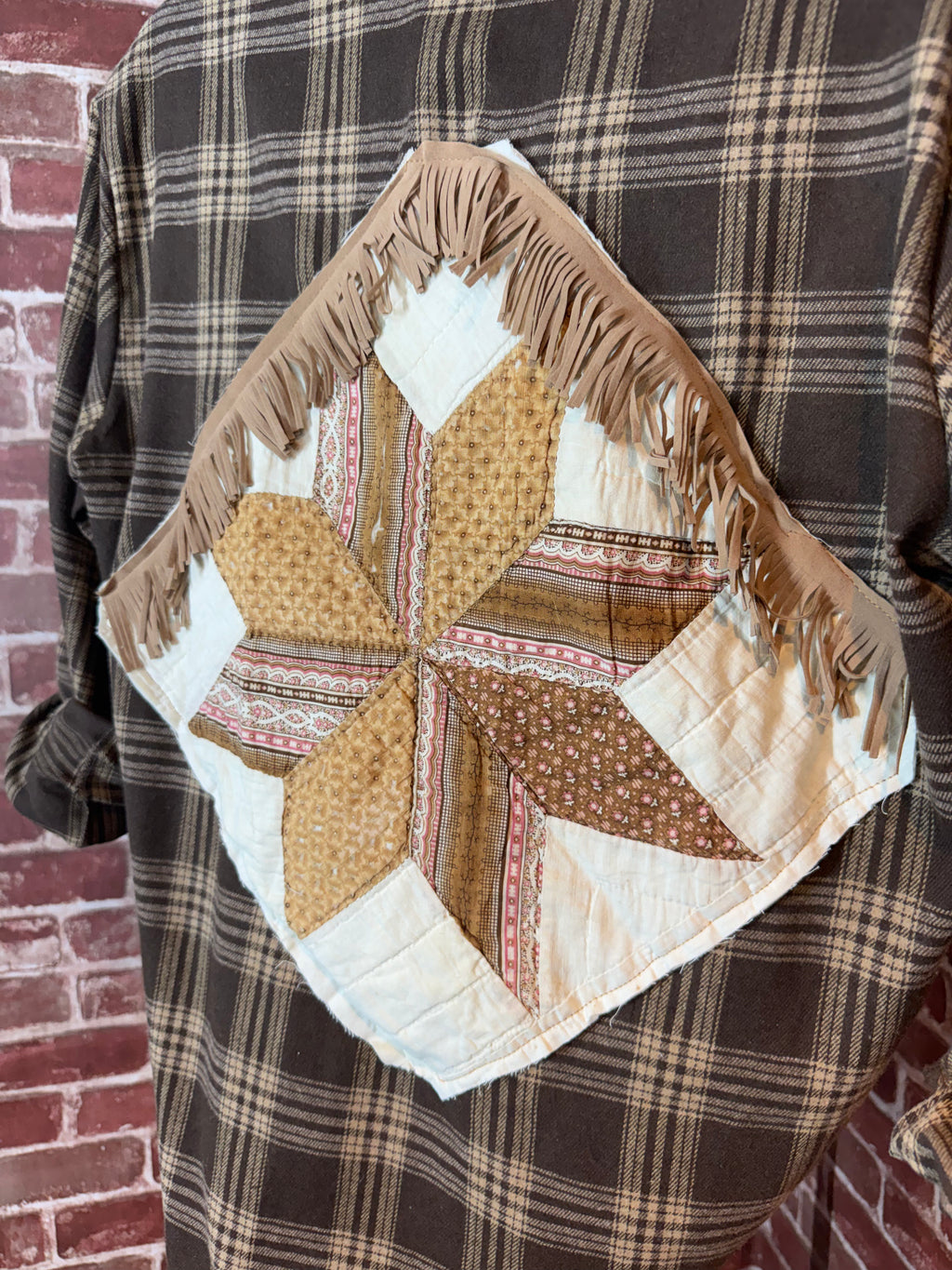 Brown Plaid Long Sleeve with Quilted Back-Small