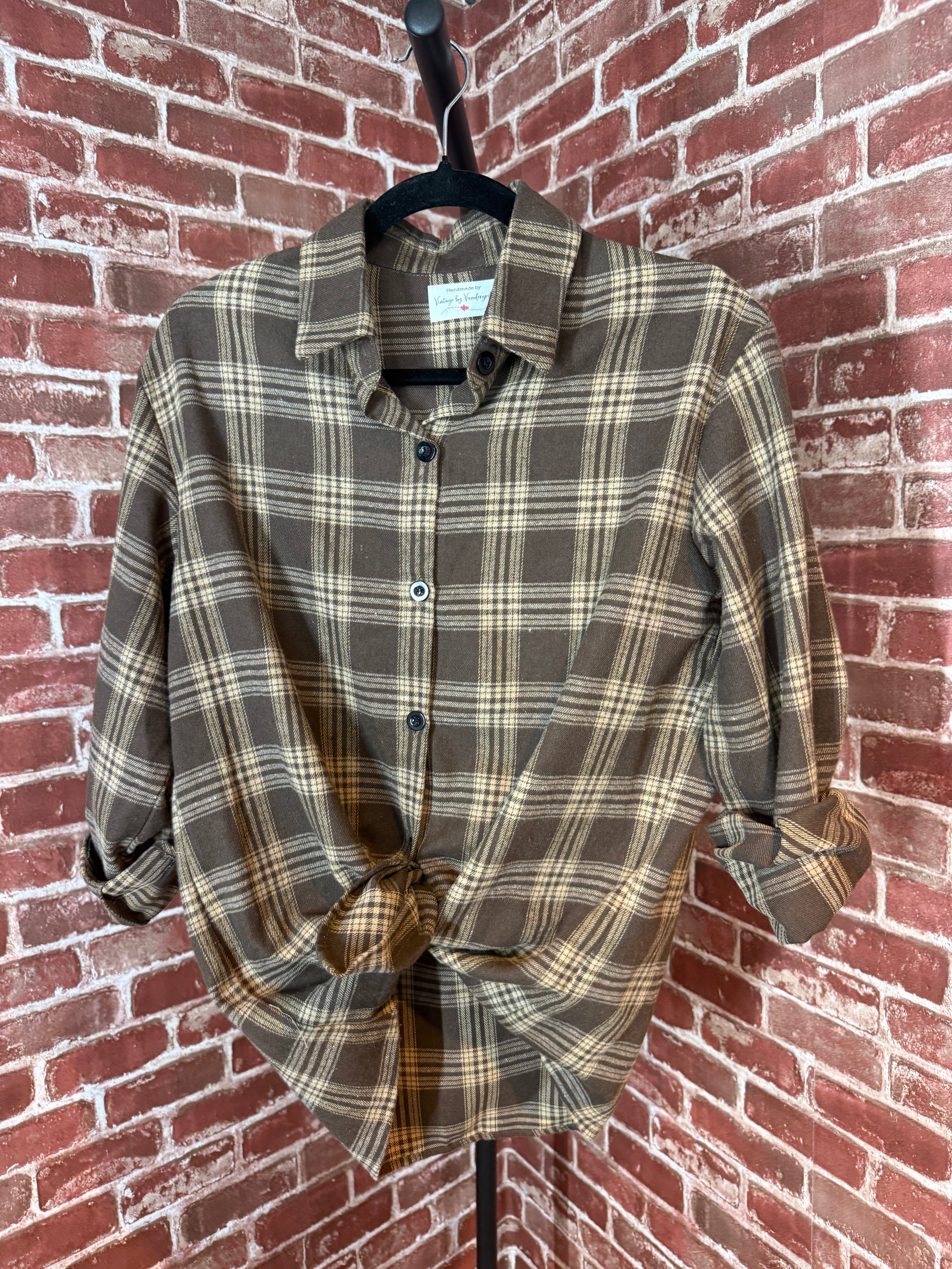 Brown Plaid Long Sleeve with Quilted Back-Small