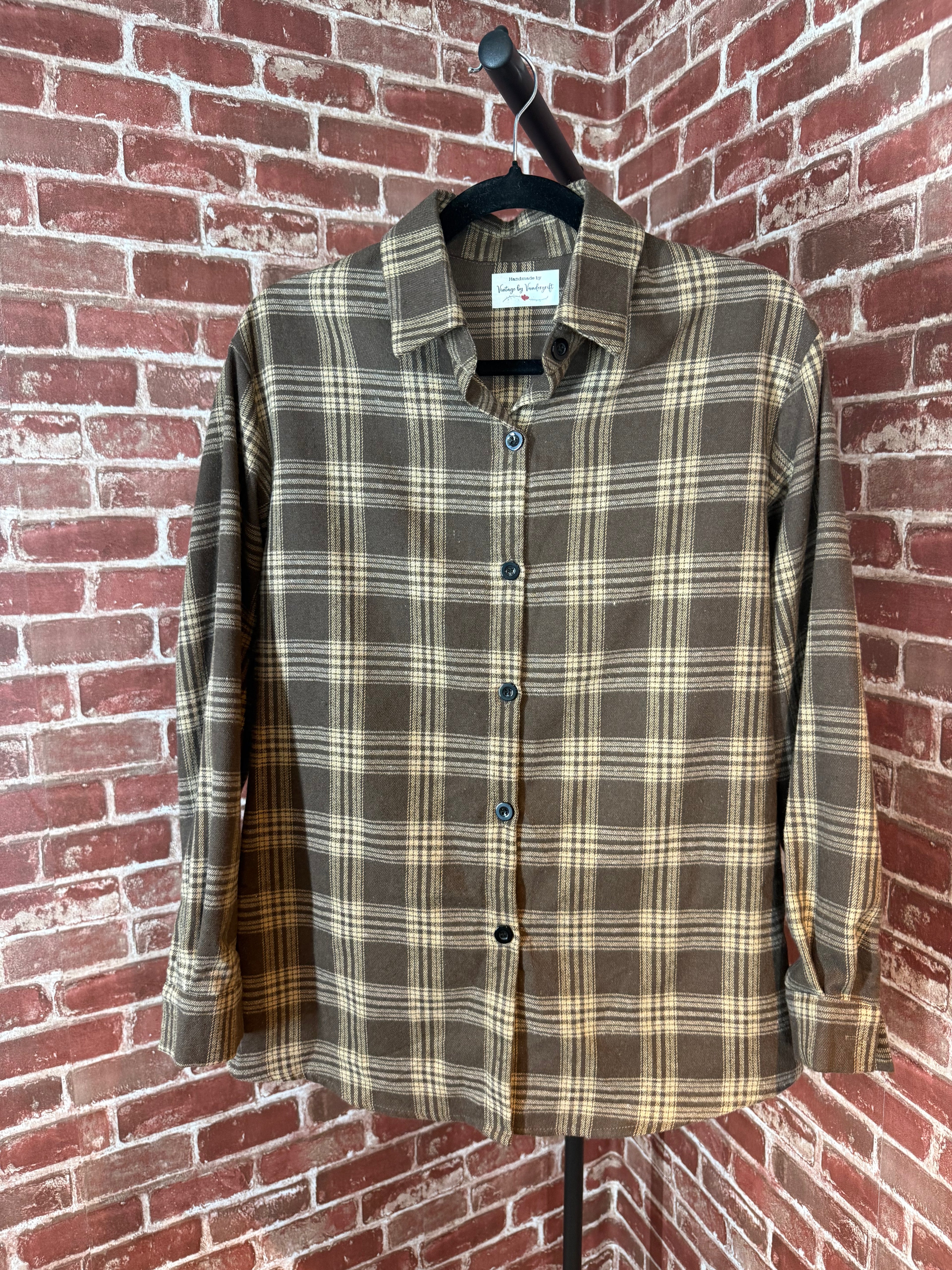 Brown Plaid Long Sleeve with Quilted Back-Small