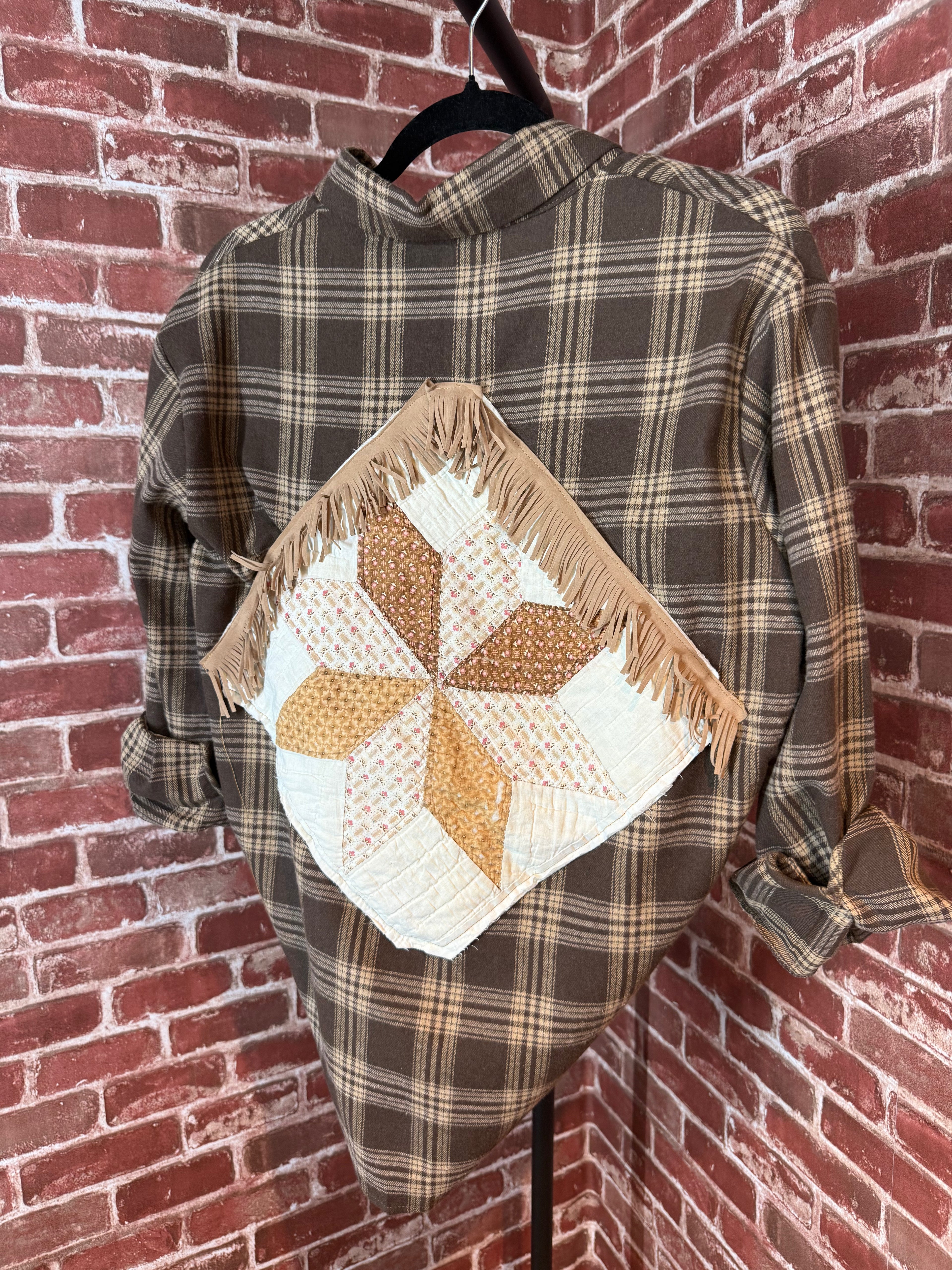 Brown Plaid Long Sleeve with Quilted Back-Medium