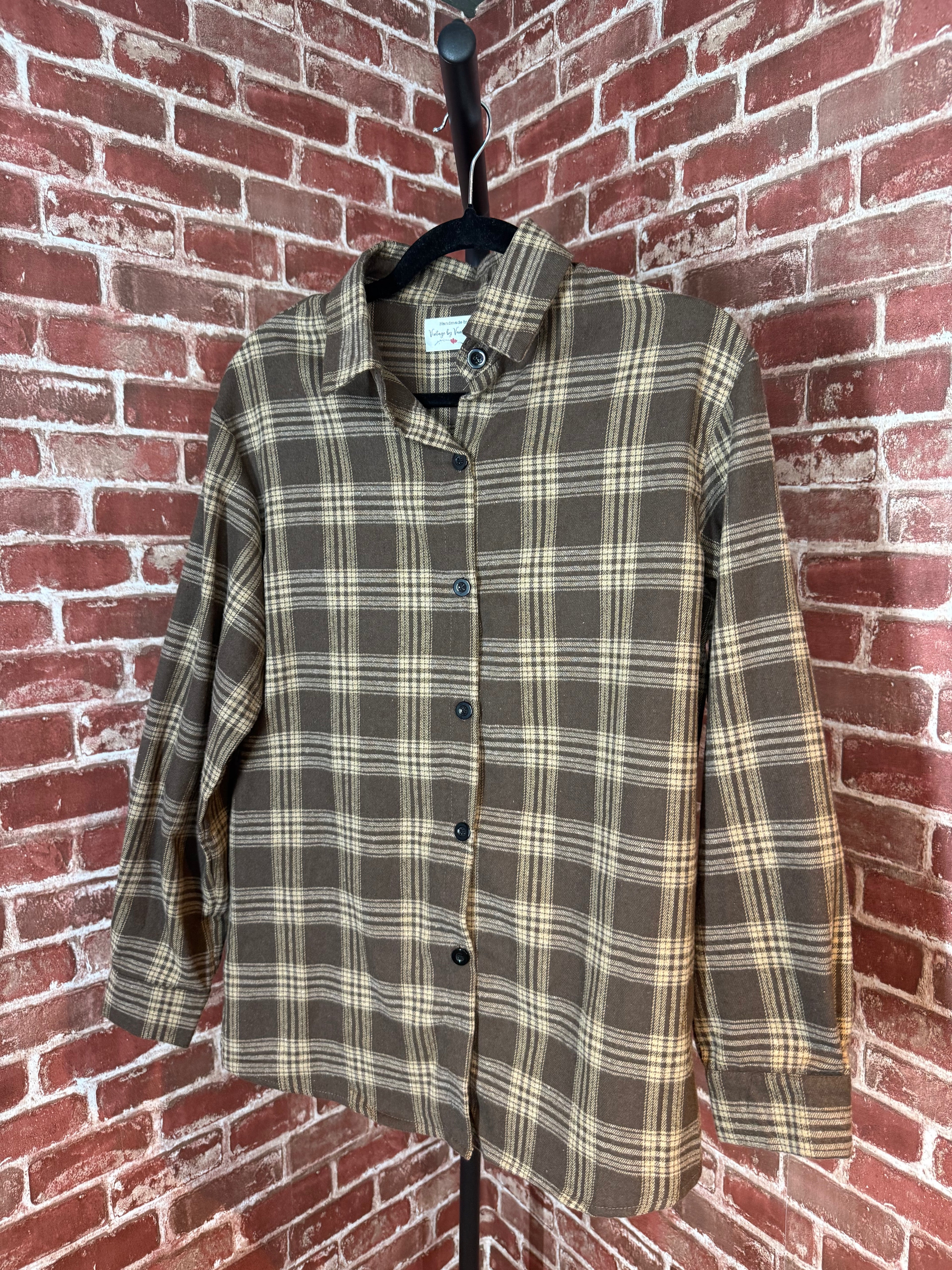 Brown Plaid Long Sleeve with Quilted Back-Medium