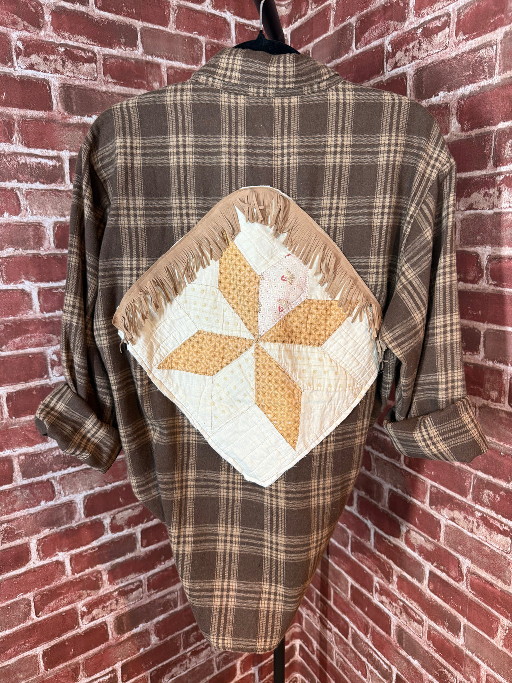 Brown Plaid Long Sleeve with Quilted Back-Large