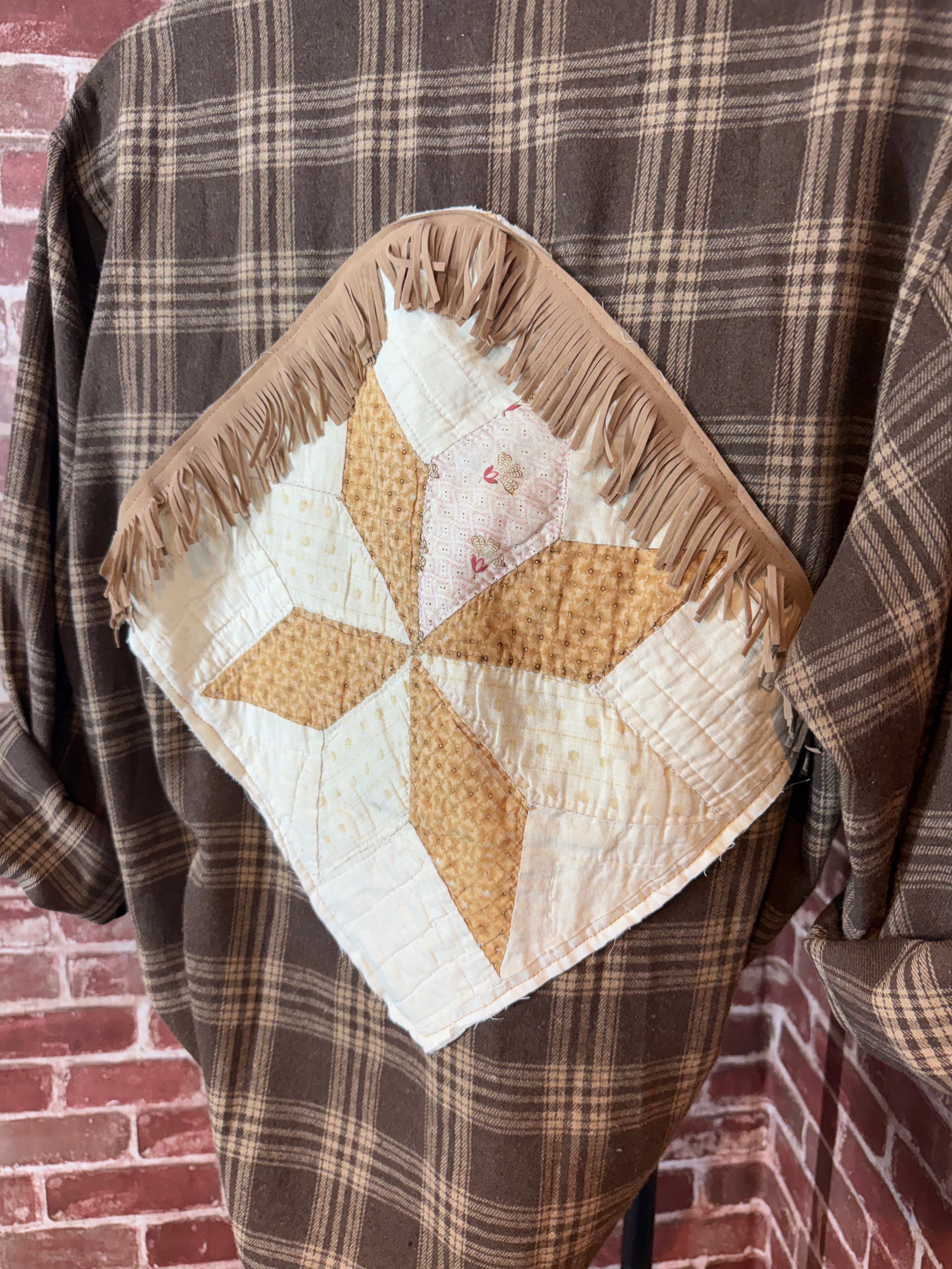 Brown Plaid Long Sleeve with Quilted Back-Large