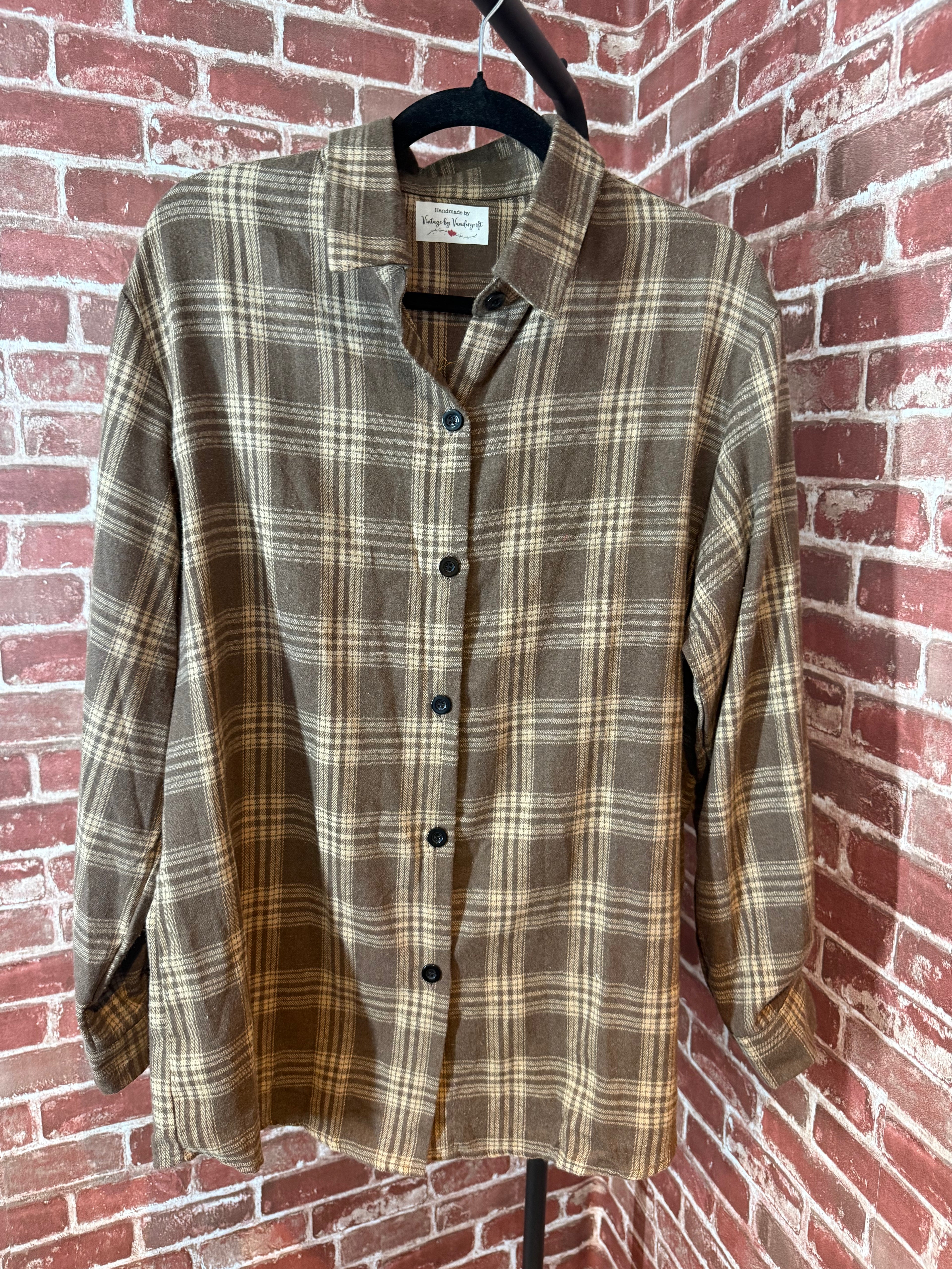 Brown Plaid Long Sleeve with Quilted Back-Large