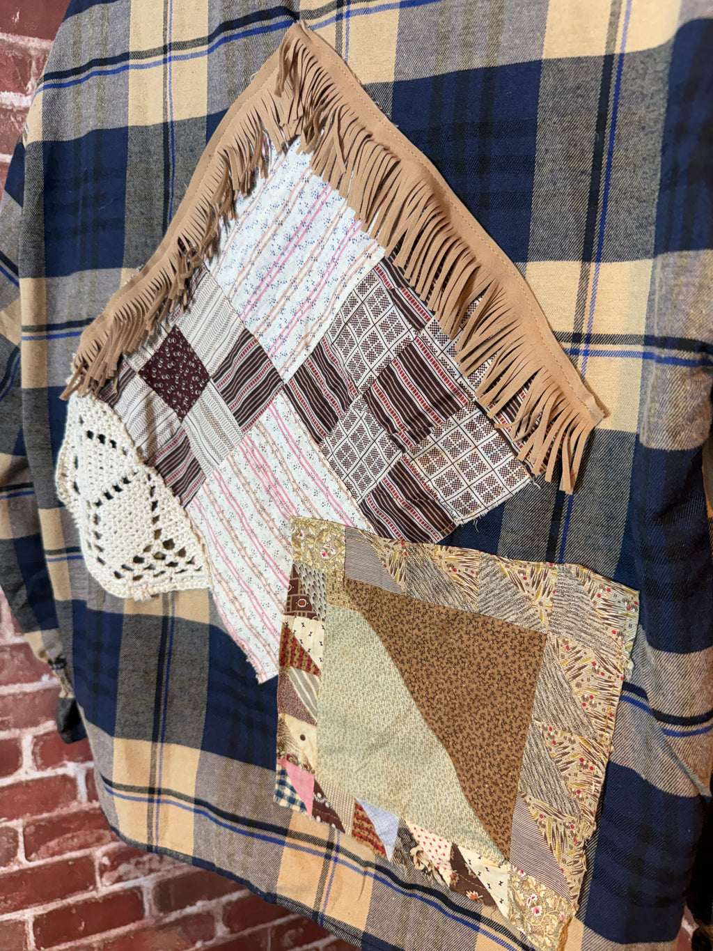 Brown/Navy Plaid Long Sleeve with Quilted Back-Small