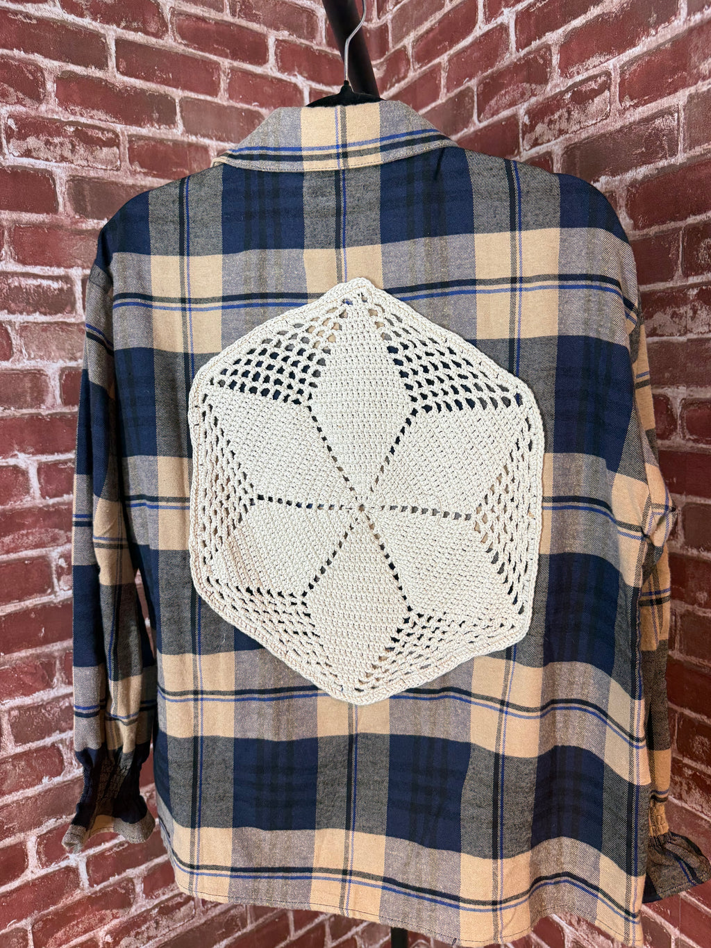 Brown/Navy Plaid Long Sleeve with Quilted Back-Medium