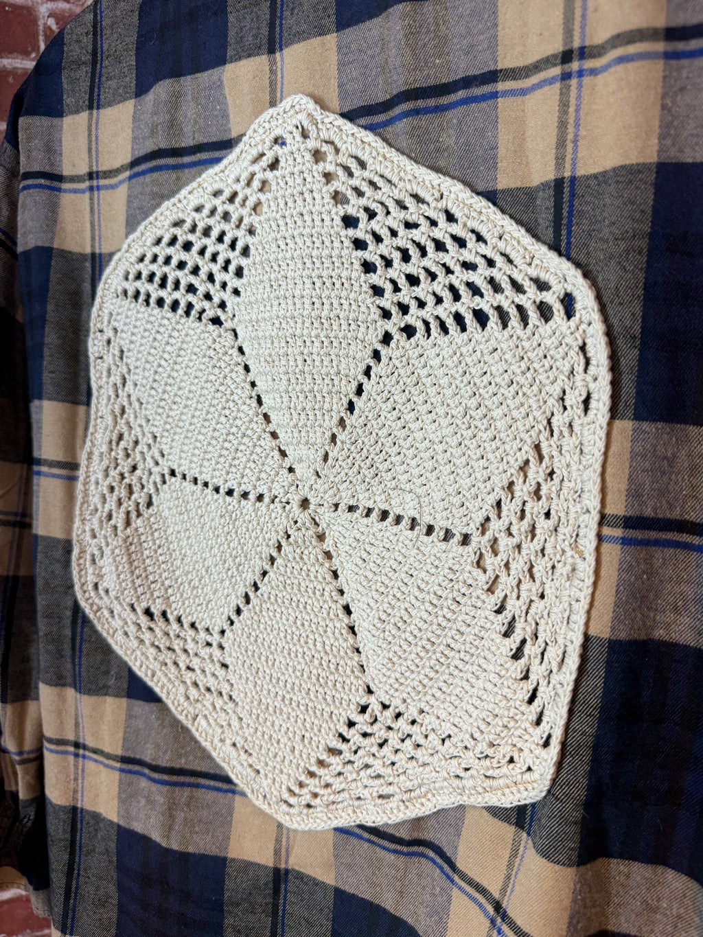 Brown/Navy Plaid Long Sleeve with Quilted Back-Medium