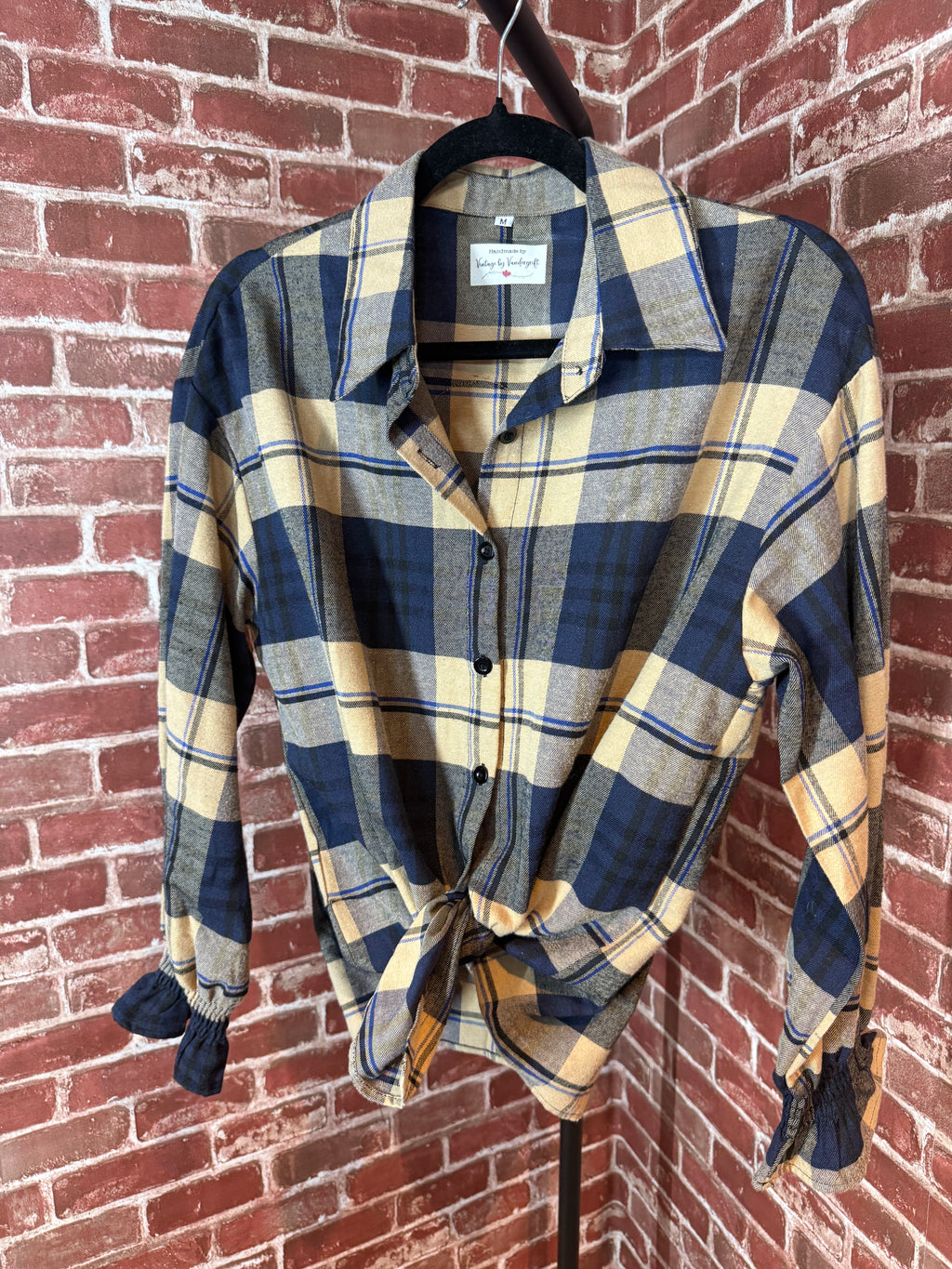 Brown/Navy Plaid Long Sleeve with Quilted Back-Medium