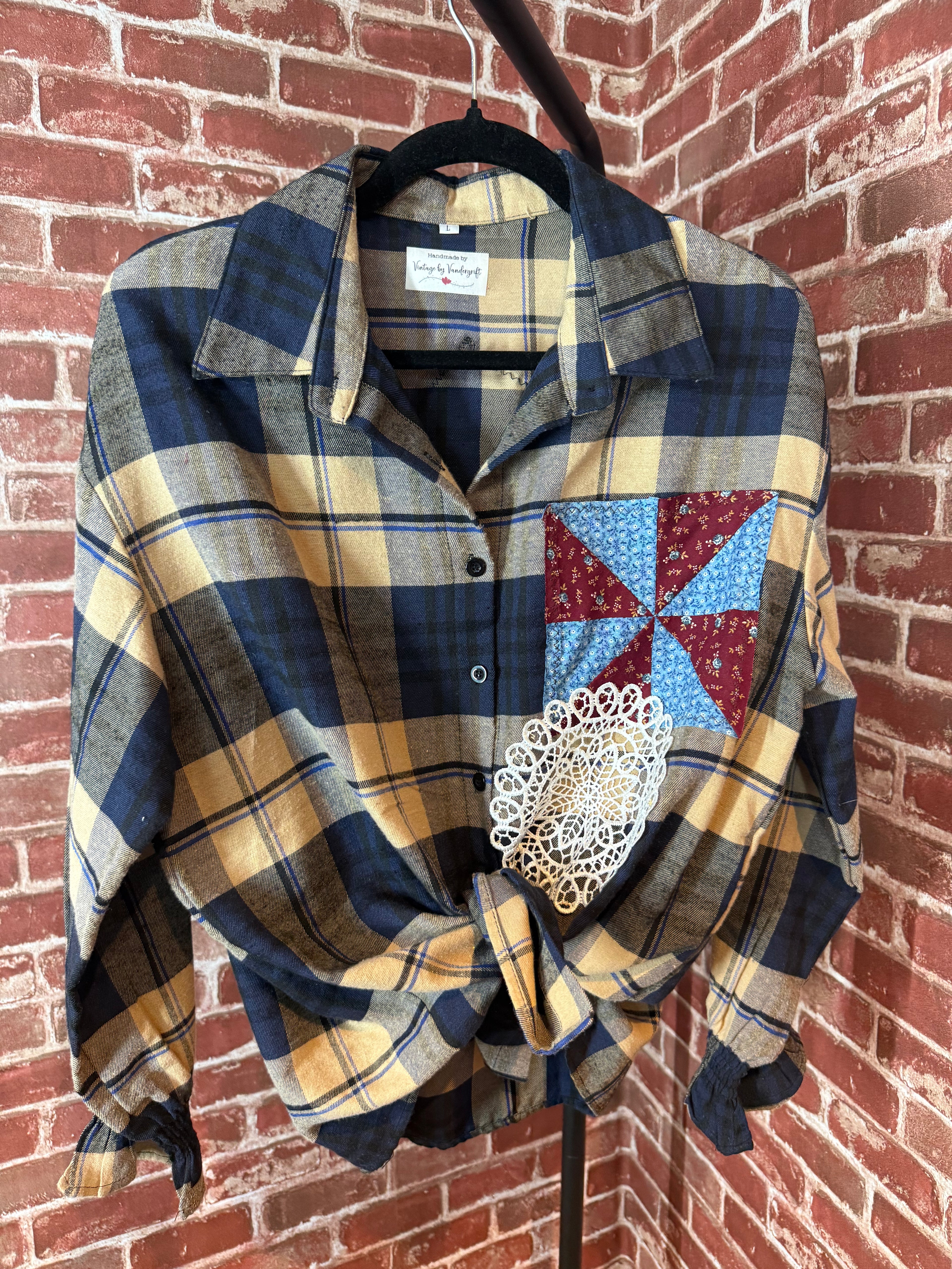 Brown/Navy Plaid Long Sleeve with Quilted Back-Large
