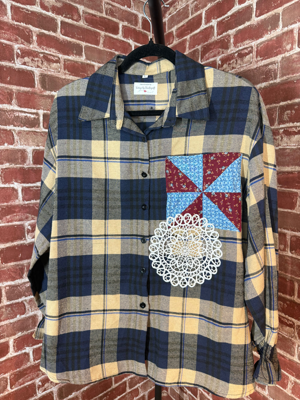 Brown/Navy Plaid Long Sleeve with Quilted Back-Large