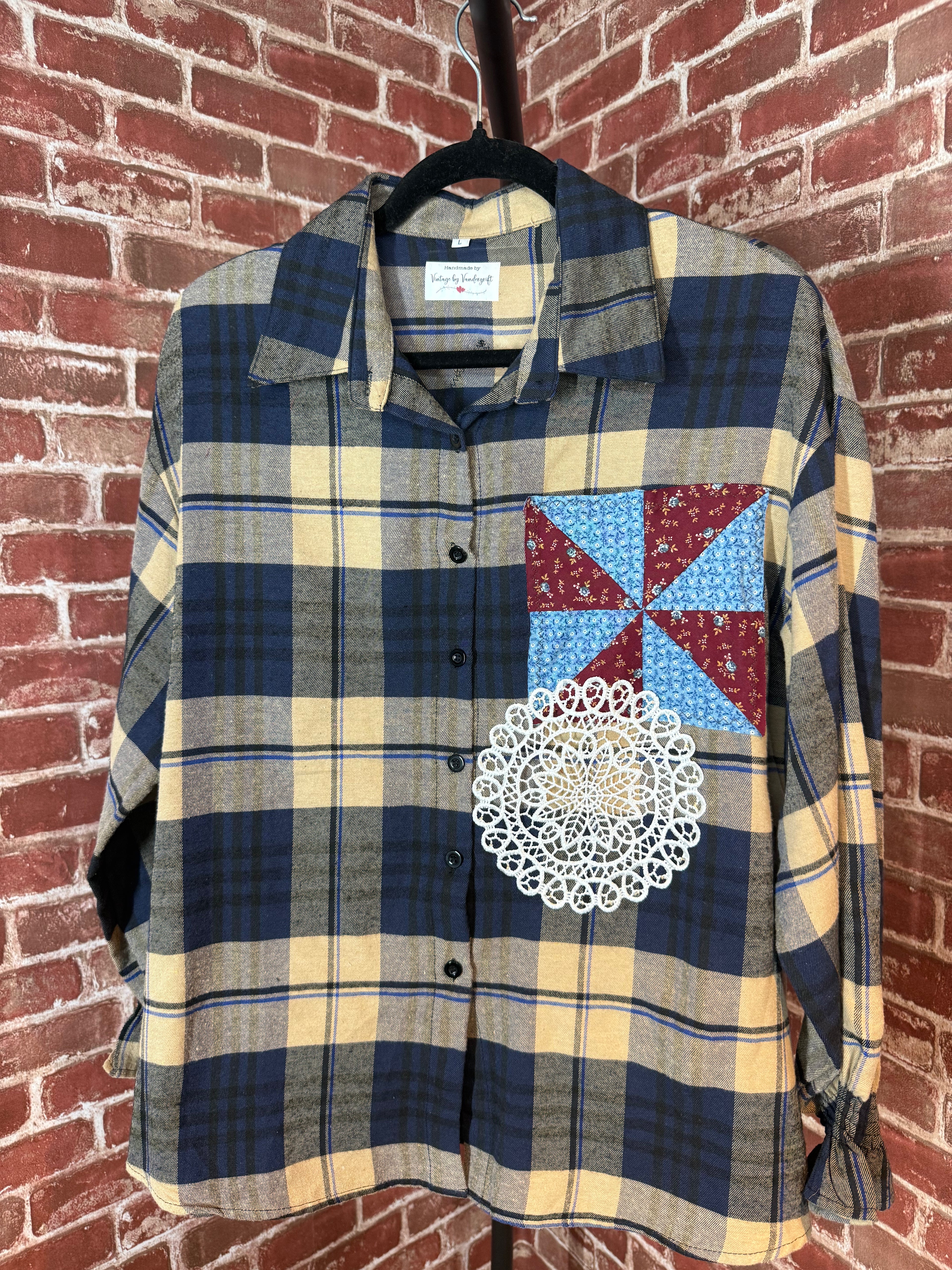 Brown/Navy Plaid Long Sleeve with Quilted Back-Large