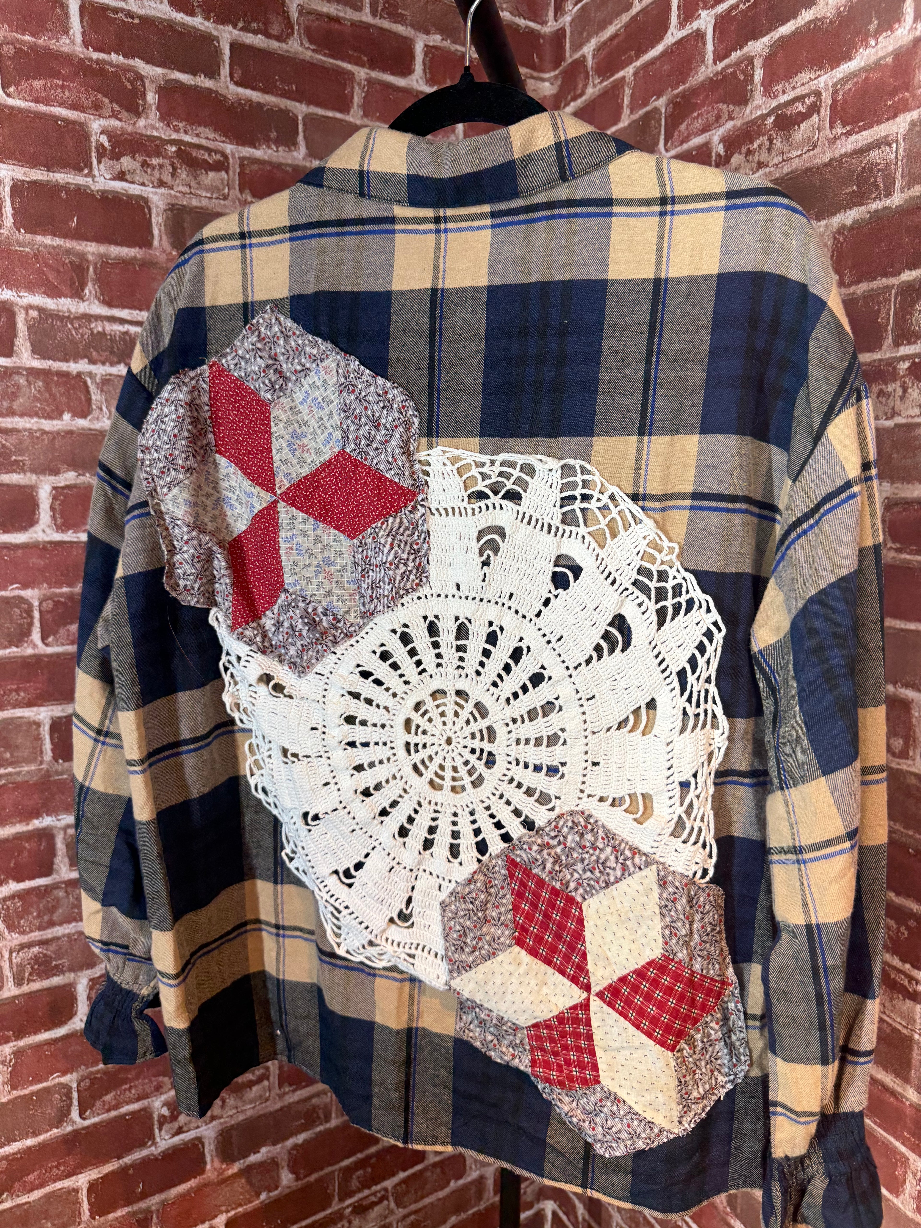 Brown/Navy Plaid Long Sleeve with Quilted Back-XLarge